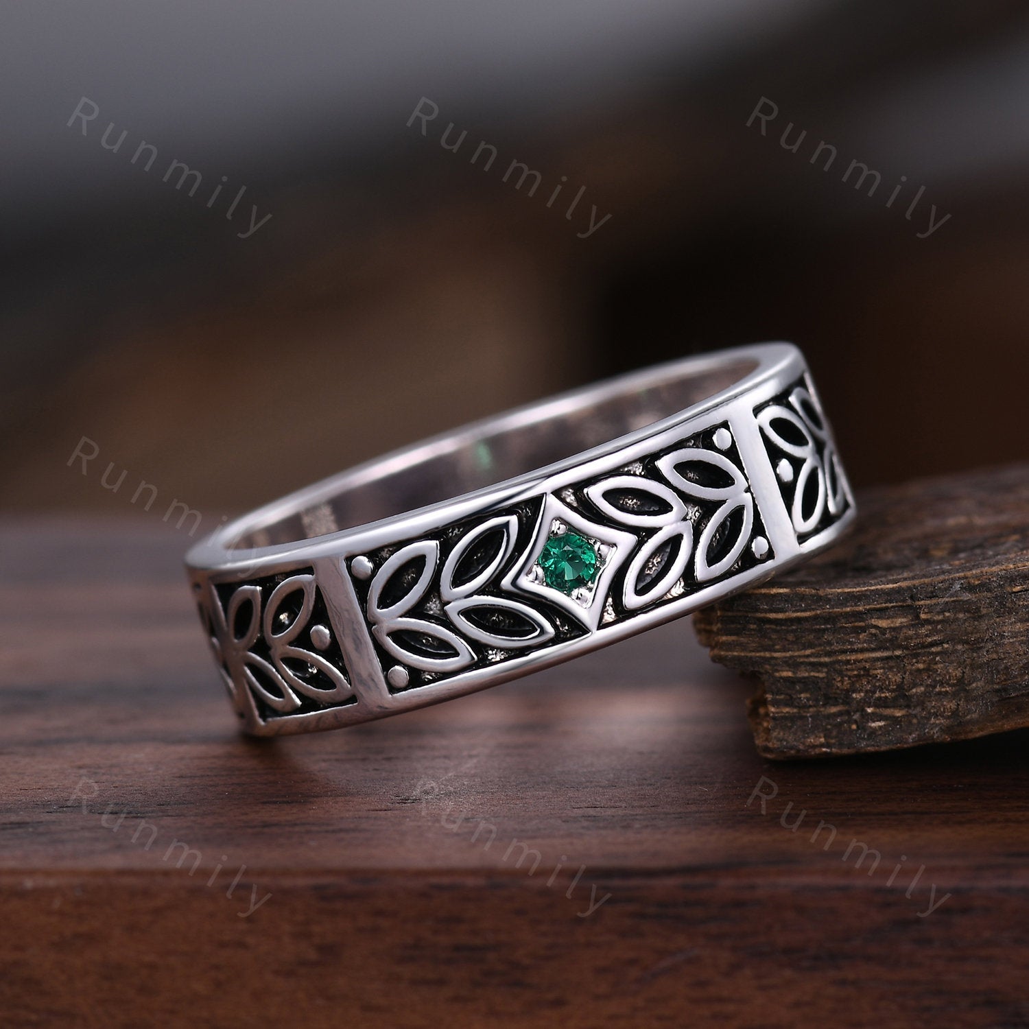 Mens Emerald Wedding Band Art Deco Leaf Design Wedding Band 6mm Rose Gold Ring Unique Nature Inspired Stacking Band Retro Vintage Ring