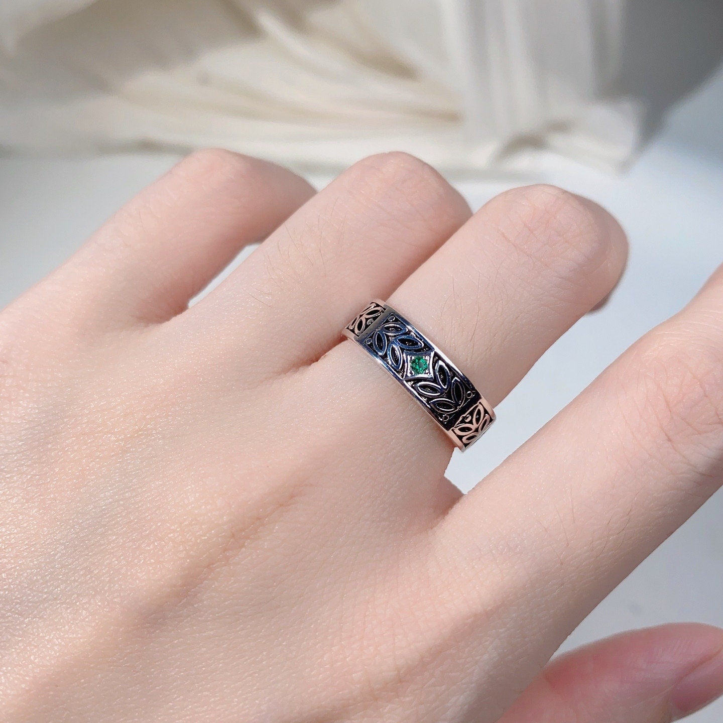 Vine Leaf Style Black Onyx Couples Ring Vintage Silver Matching Ring Set Twig Leaf His and Hers Wedding Band Mens Onyx Ring Black Gem Ring