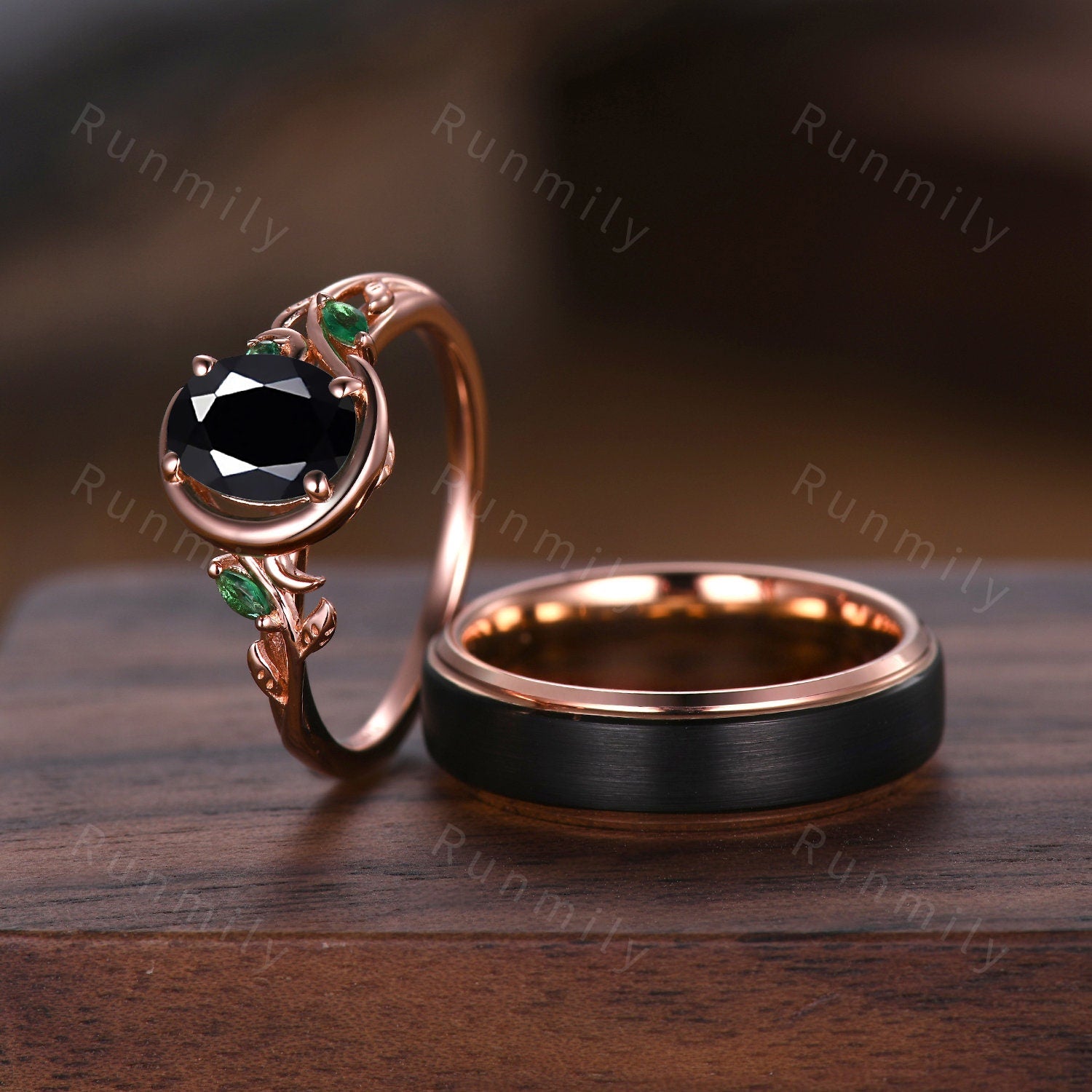 Oval Cut Black Onyx Couples Ring Set Rose Gold Matching Ring Set Vintage Moon Engagement Ring For Women Unique His And Hers Wedding Band