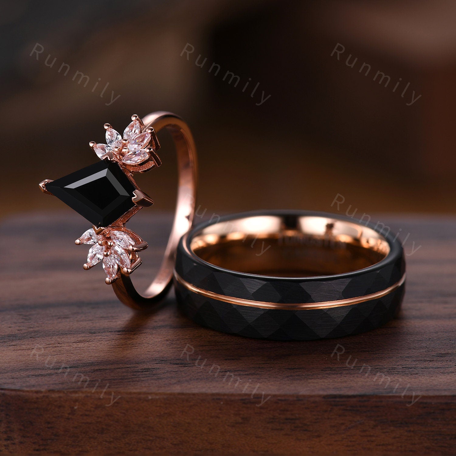 Vintage Black Onyx Couples Ring Rose Gold Matching Ring Set His and Hers Wedding Band Promise Ring For Men For Women Kite Cut Gemstone Ring