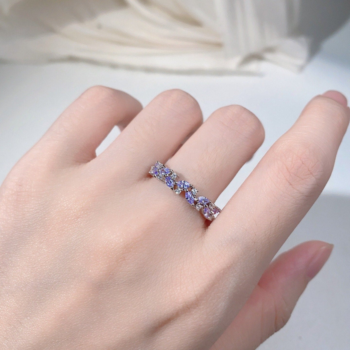 Unique marquise cut tanzanite wedding band sterling silver moissanite cluster ring for women vintage stacking matching band anniversary ring