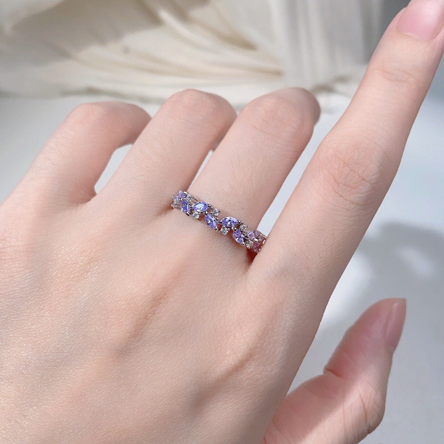 Unique marquise cut tanzanite wedding band sterling silver moissanite cluster ring for women vintage stacking matching band anniversary ring