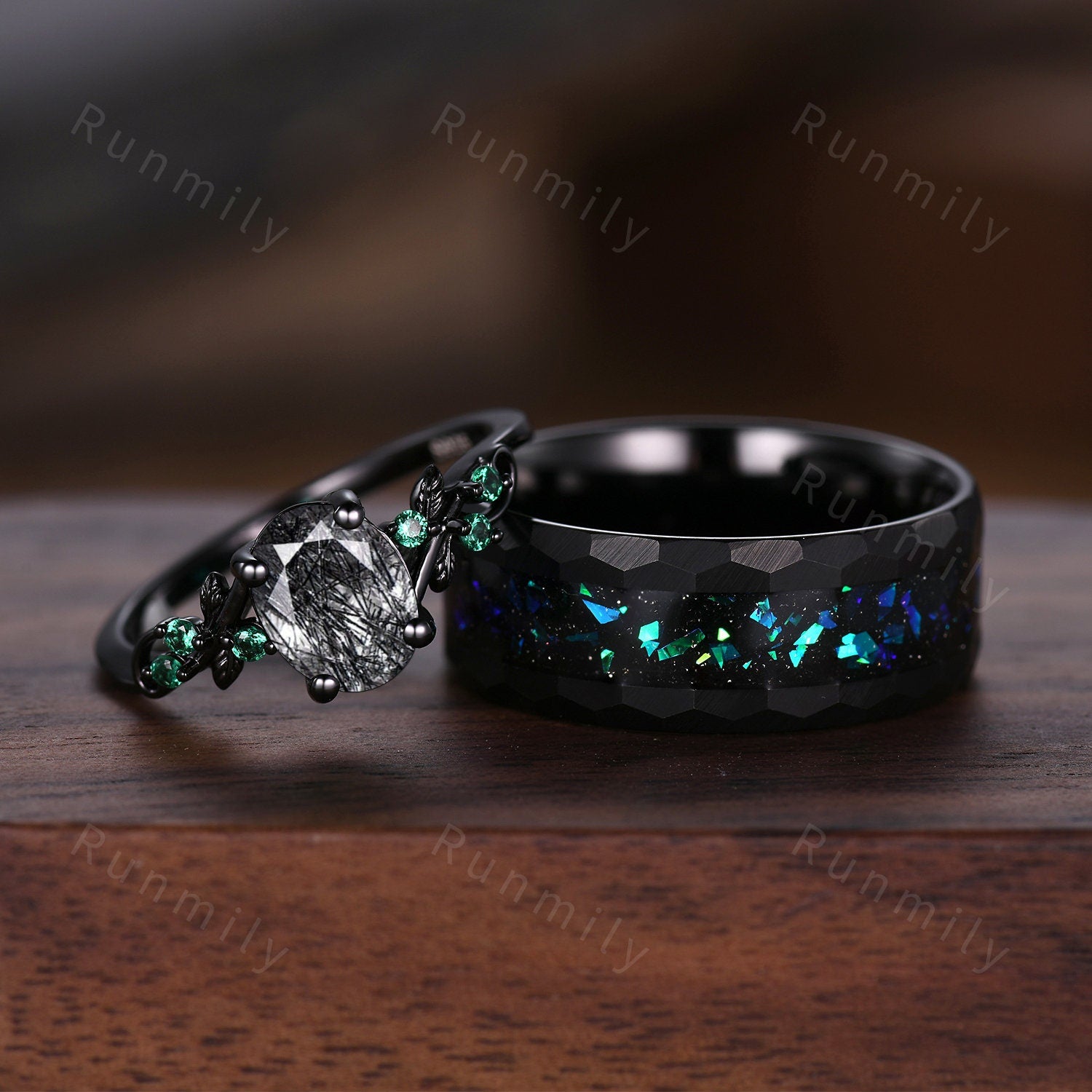 Vintage Black Rutilated Quartz Couples Ring Set Black Gold Matching Promise Ring His And Her Wedding Band Mens Opal Ring Anniversary Gifts