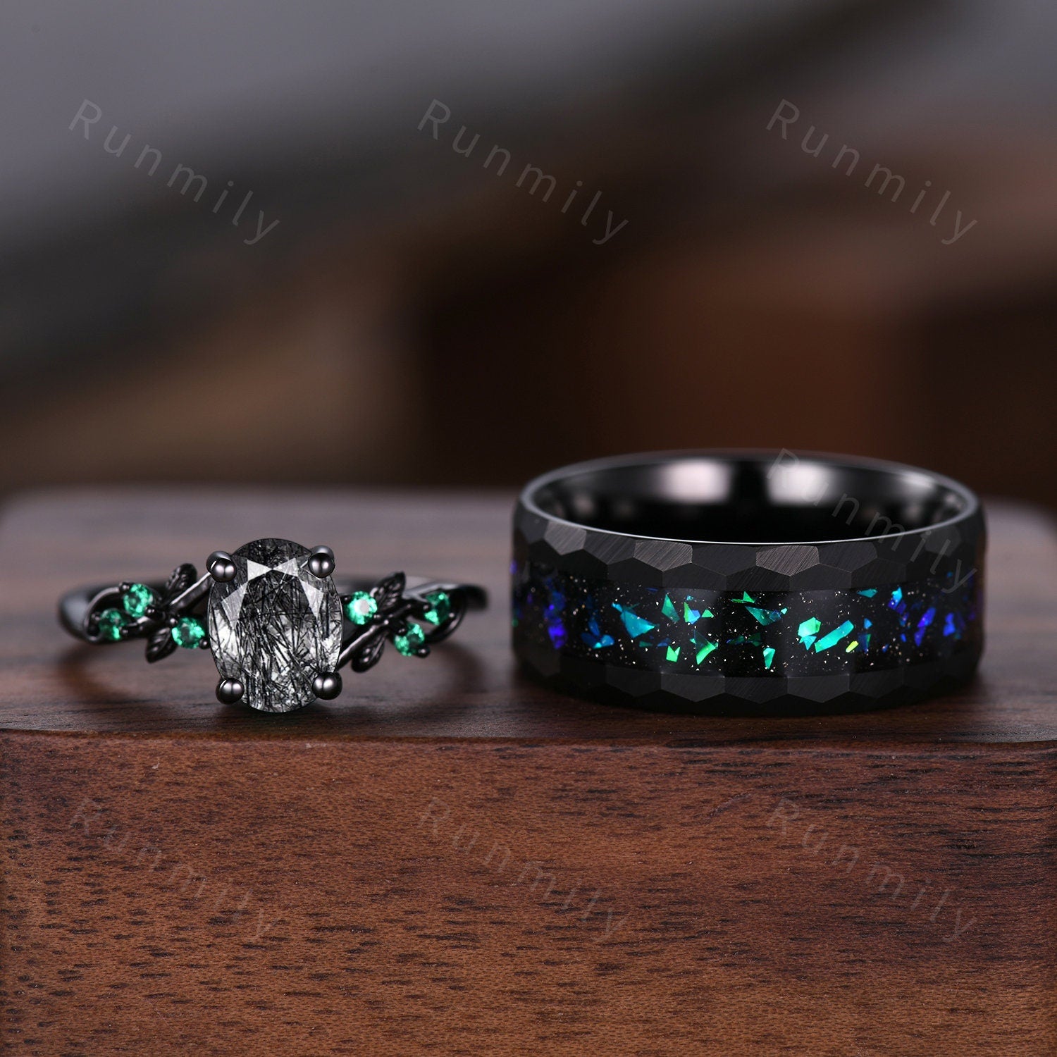 Vintage Black Rutilated Quartz Couples Ring Set Black Gold Matching Promise Ring His And Her Wedding Band Mens Opal Ring Anniversary Gifts