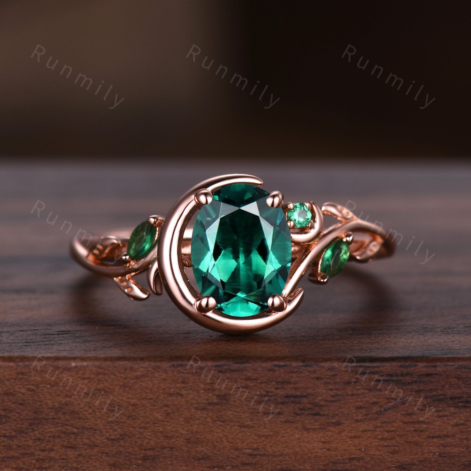 Vintage Green Emerald Couples Ring Rose Gold Matching Ring Set Women Unique Moon Style Ring 8mm Mens Band His And Hers May Birthstone Ring