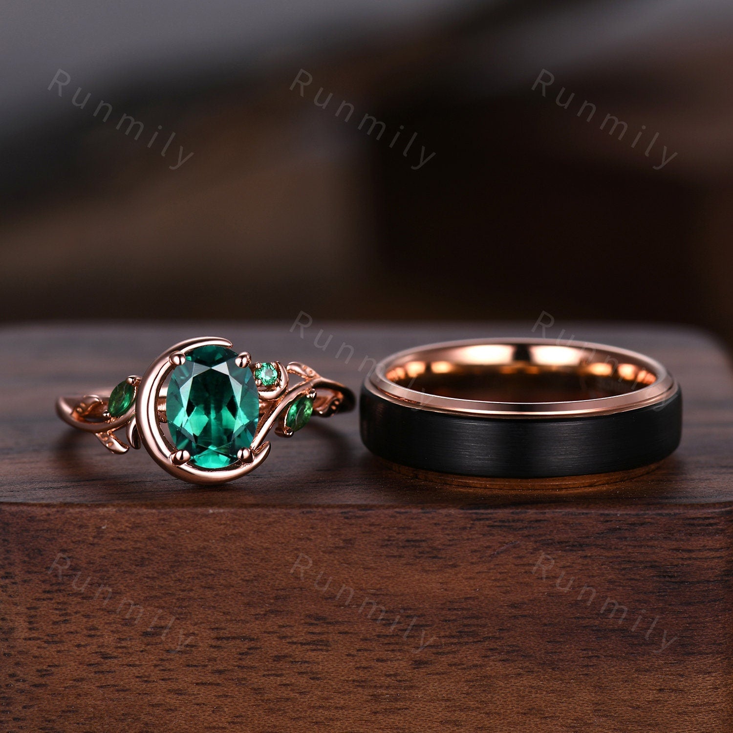 Vintage Green Emerald Couples Ring Rose Gold Matching Ring Set Women Unique Moon Style Ring 8mm Mens Band His And Hers May Birthstone Ring