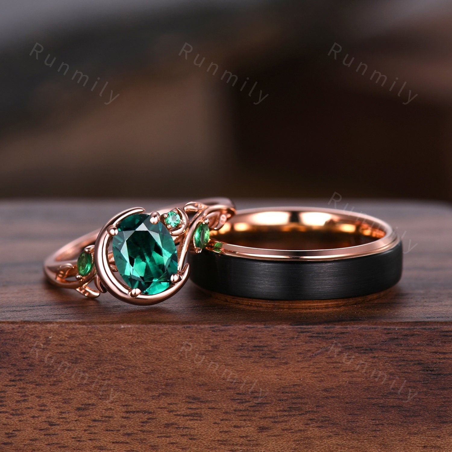 Vintage Green Emerald Couples Ring Rose Gold Matching Ring Set Women Unique Moon Style Ring 8mm Mens Band His And Hers May Birthstone Ring