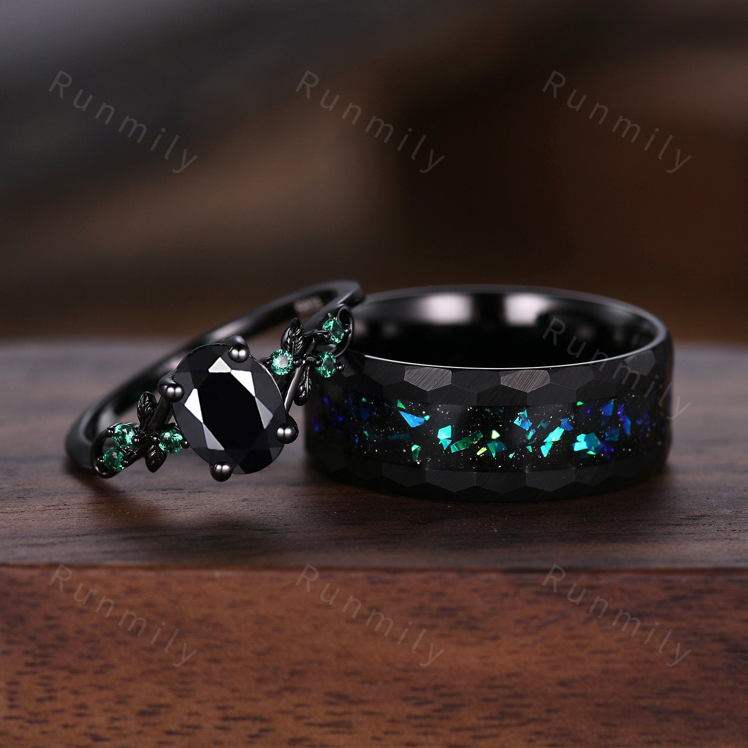 Vintage black onyx couples ring set black gold matching promise ring His and Her wedding band Mens opal tungsten ring anniversary gifts