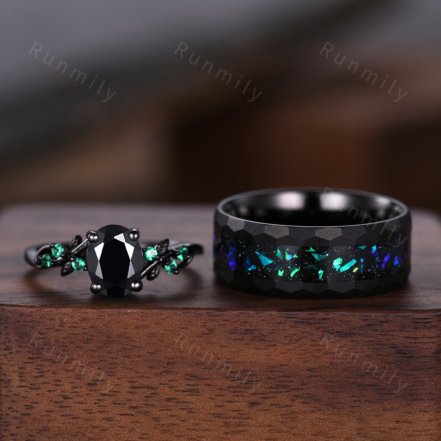 Vintage black onyx couples ring set black gold matching promise ring His and Her wedding band Mens opal tungsten ring anniversary gifts