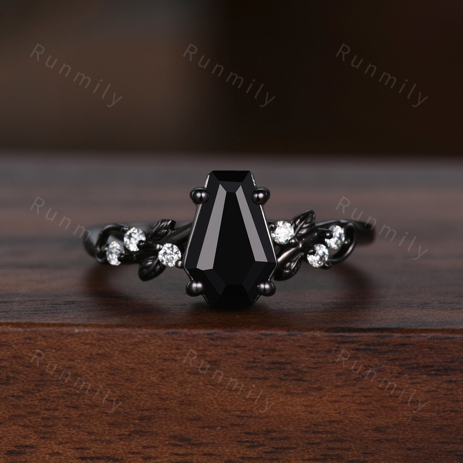 Coffin cut black onyx couples ring black gold matching ring set Mens black ceramics ring His and Hers wedding band art deco bridal ring