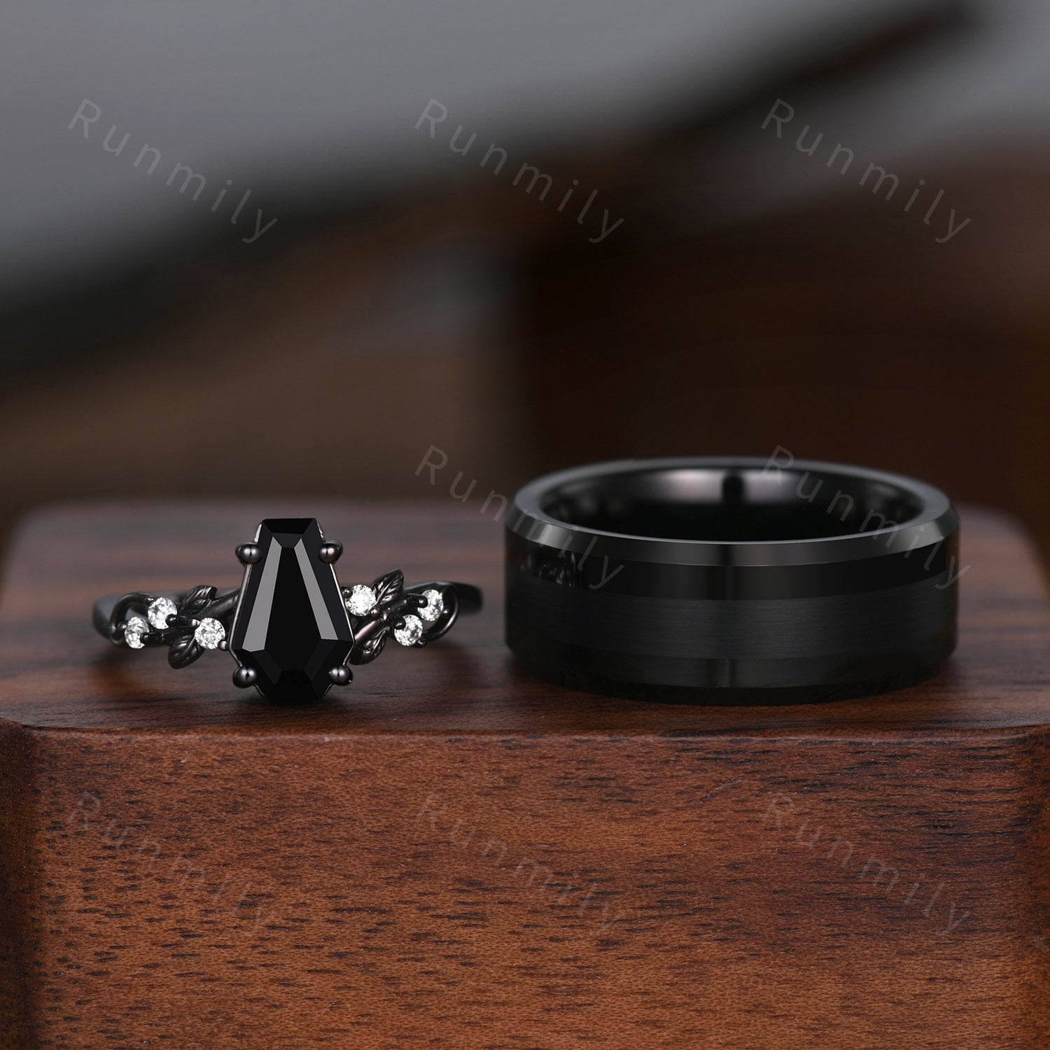 Coffin cut black onyx couples ring black gold matching ring set Mens black ceramics ring His and Hers wedding band art deco bridal ring