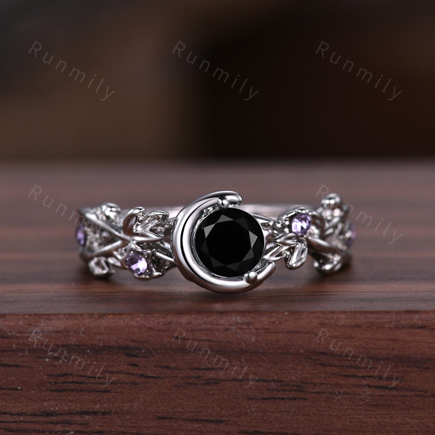 Vine Leaf Style Black Onyx Couples Ring Vintage Silver Matching Ring Set Twig Leaf His and Hers Wedding Band Mens Onyx Ring Black Gem Ring