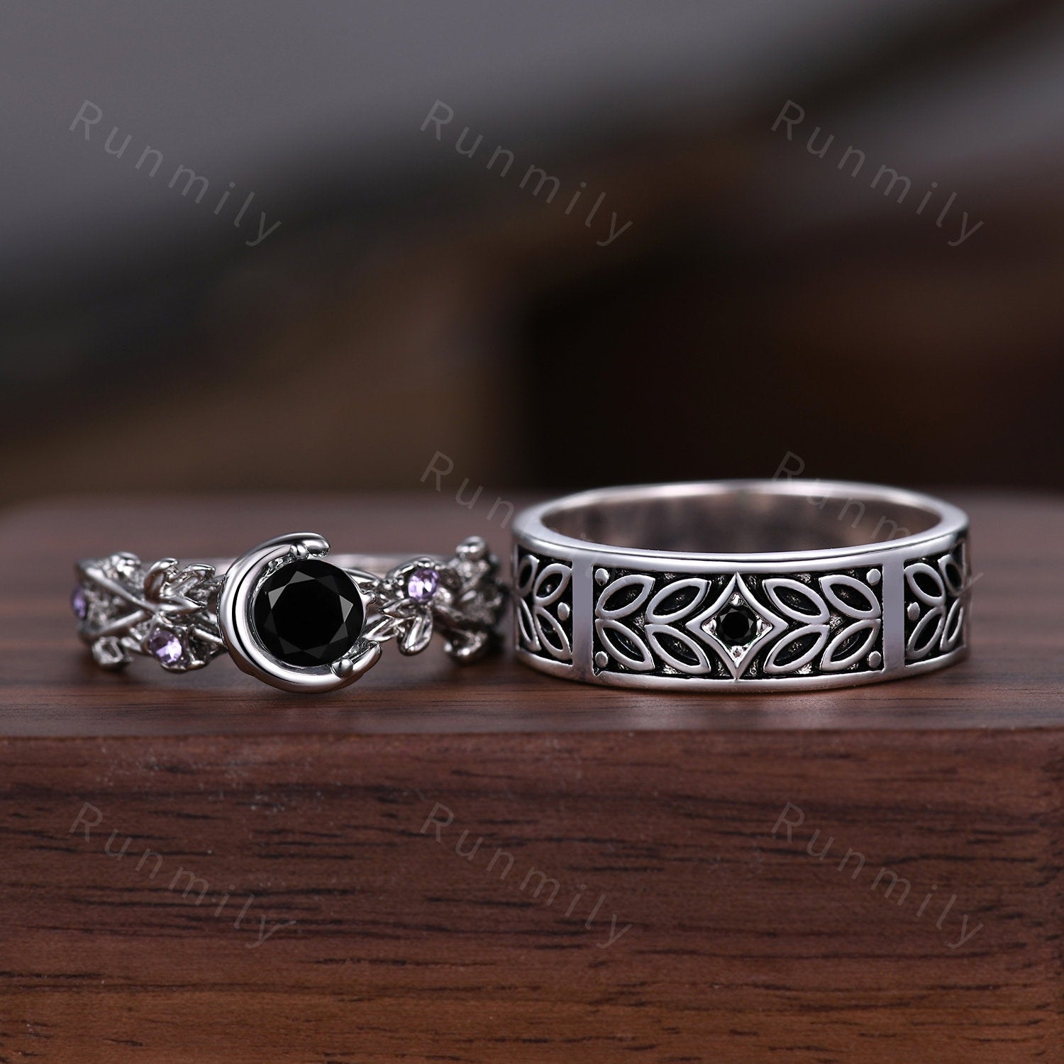 Vine Leaf Style Black Onyx Couples Ring Vintage Silver Matching Ring Set Twig Leaf His And Hers Wedding Band Mens Onyx Ring Black Gem Ring