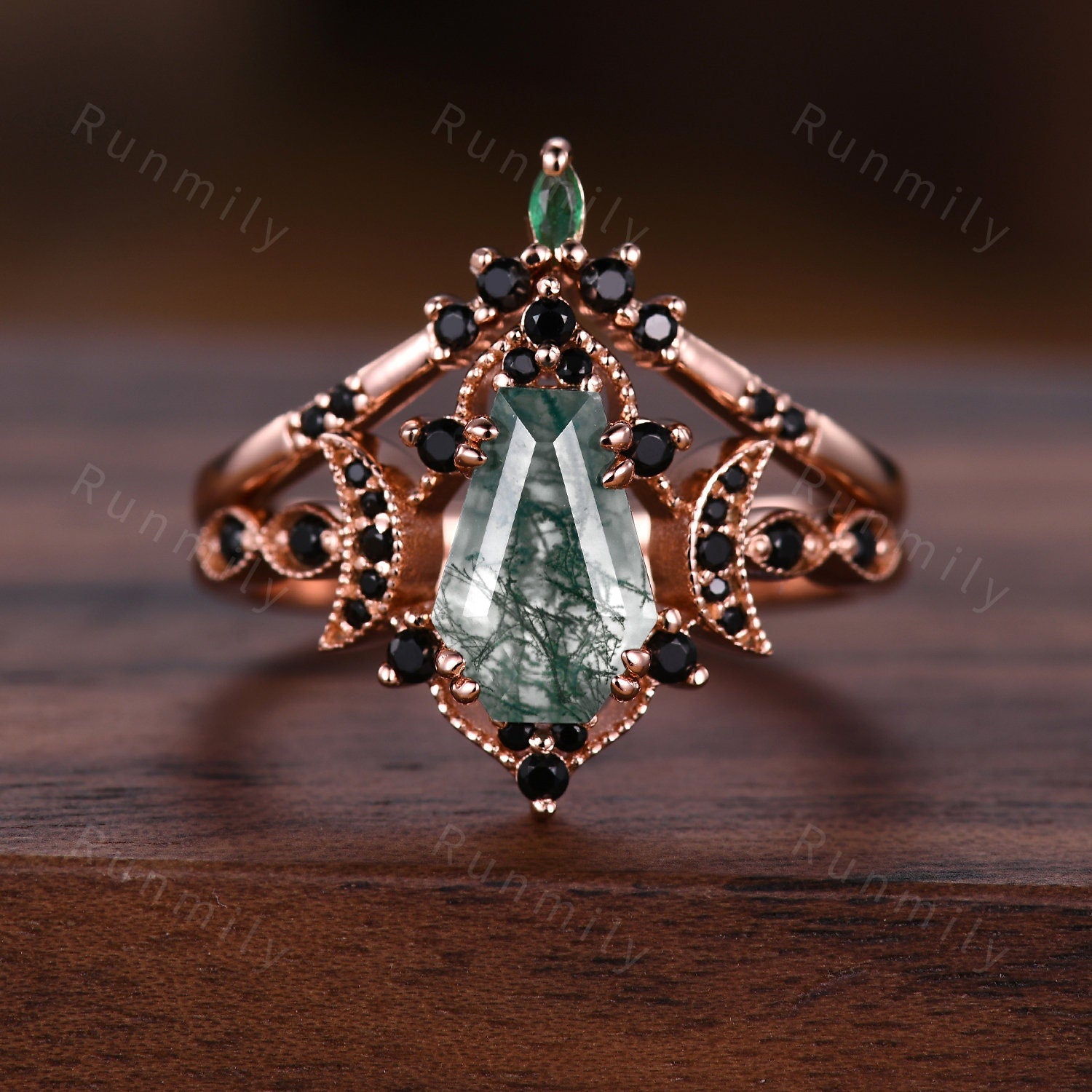 Vintage Coffin cut Moss Agate Couples Ring Rose Gold Matching Ring Set His and Hers Wedding Band Promise Ring For Men For Women Black Ring