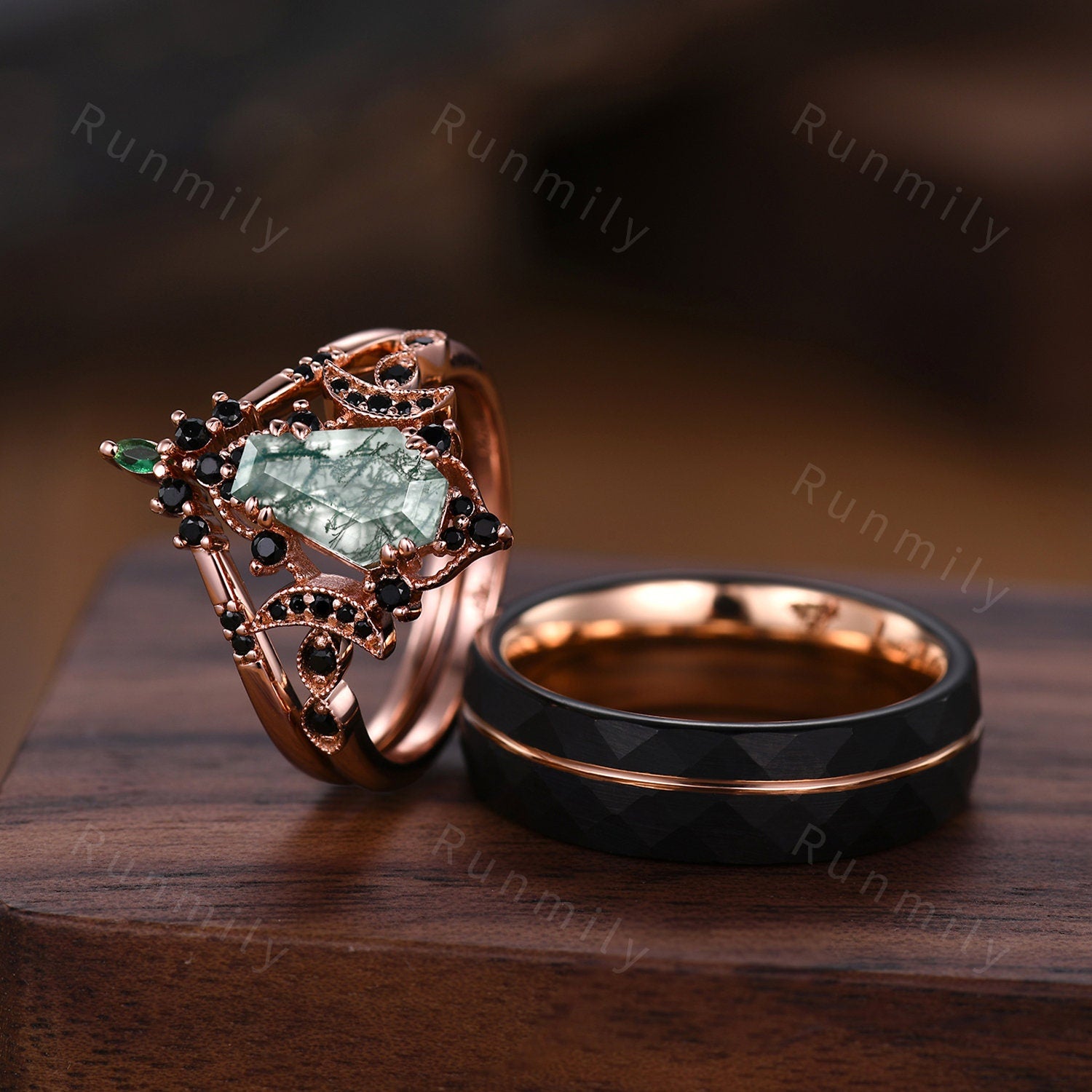 Vintage Coffin cut Moss Agate Couples Ring Rose Gold Matching Ring Set His and Hers Wedding Band Promise Ring For Men For Women Black Ring