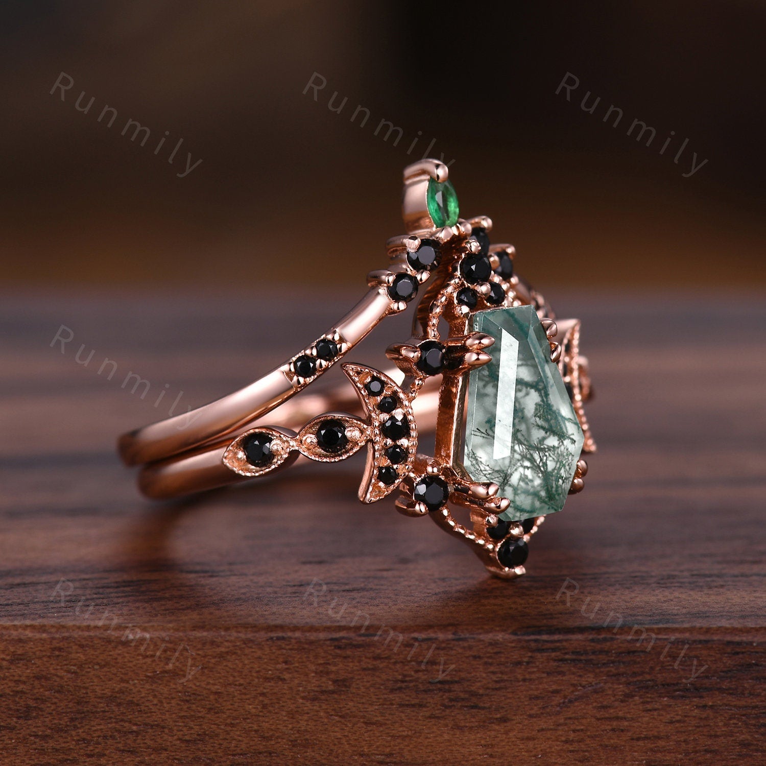 Vintage Coffin cut Moss Agate Couples Ring Rose Gold Matching Ring Set His and Hers Wedding Band Promise Ring For Men For Women Black Ring