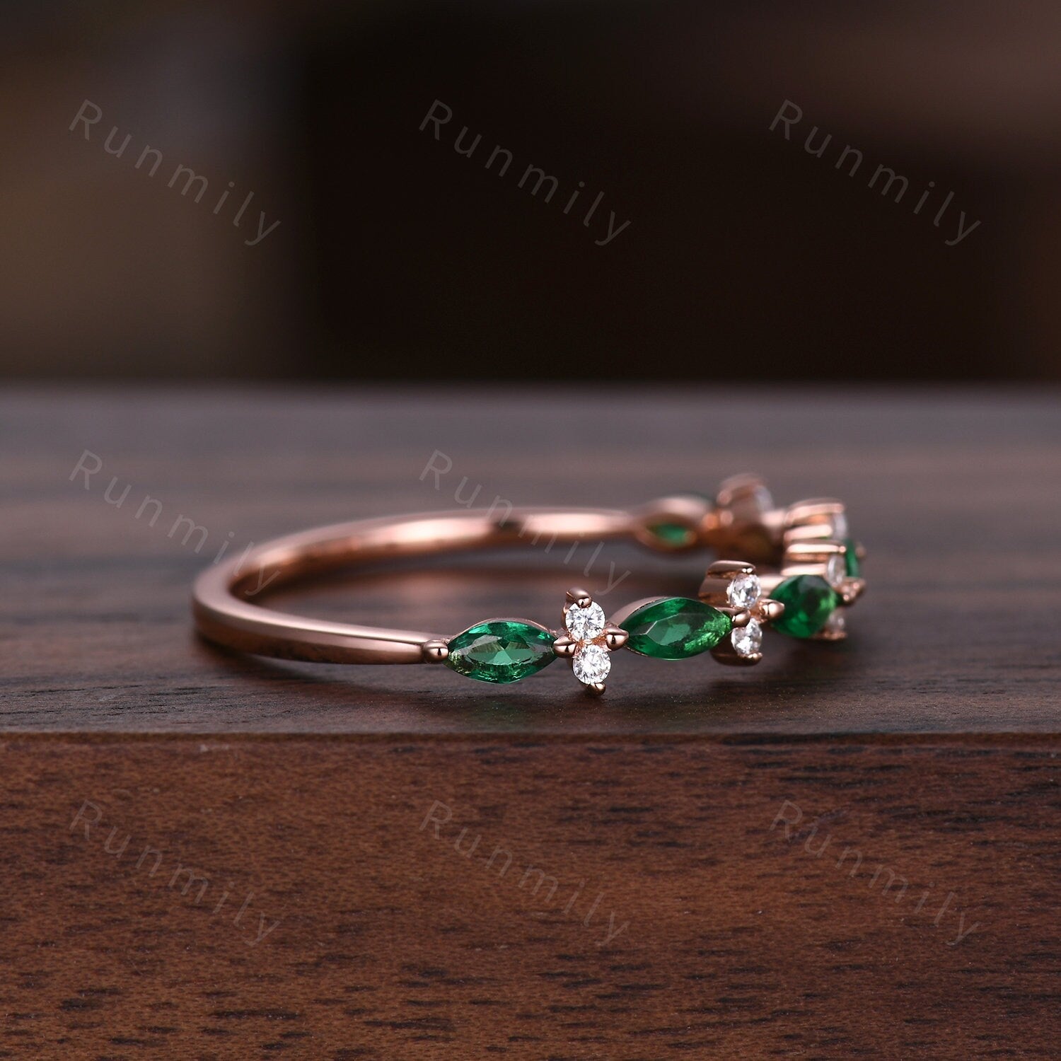 Unique emerald wedding band rose gold art deco marquise wedding ring for women dainty diamond band elegant anniversary ring gift