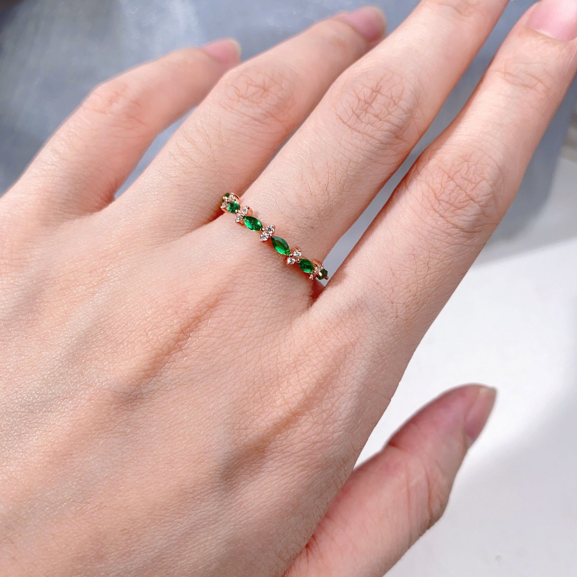 Unique emerald wedding band rose gold art deco marquise wedding ring for women dainty diamond band elegant anniversary ring gift