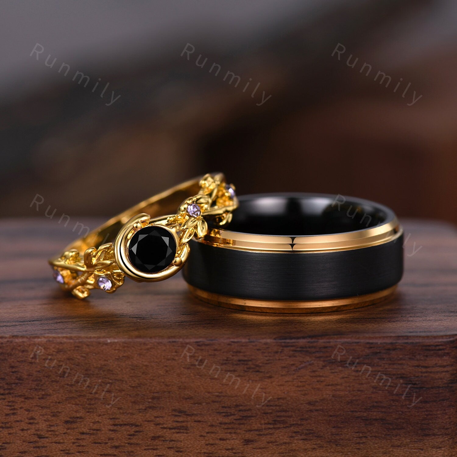 Vintage Black Onyx Couples Ring Yellow Gold Matching Ring Set Unique Art Deco Vine Leaf Engagement Ring His And Hers Anniversary Rings