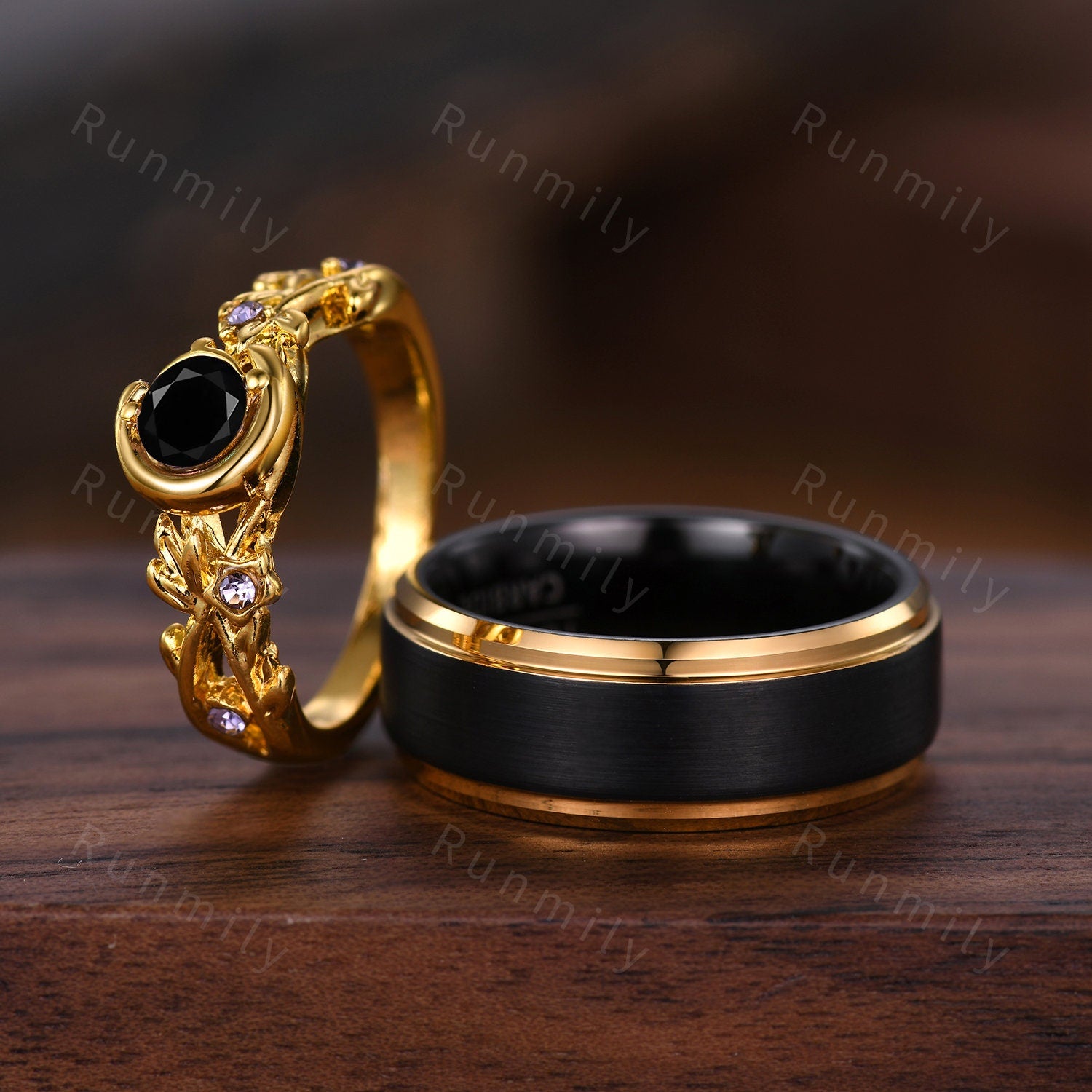 Vintage Black Onyx Couples Ring Yellow Gold Matching Ring Set Unique Art Deco Vine Leaf Engagement Ring His And Hers Anniversary Rings
