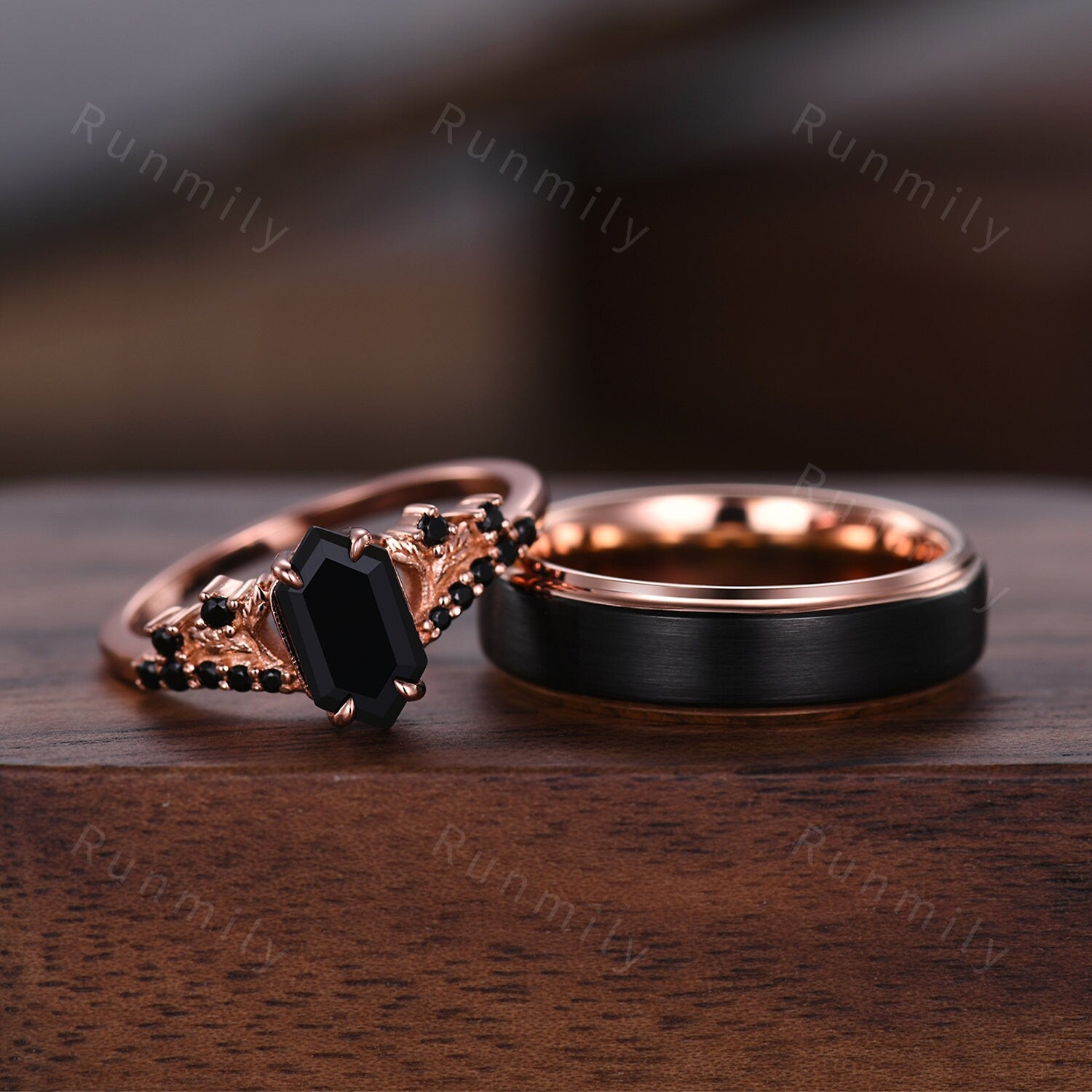Vintage Hexagon Black Onyx Couples Ring Rose Gold Wedding Ring Set His And Hers Wedding Band Mens Black Gold Ring Unique Women Promise Ring
