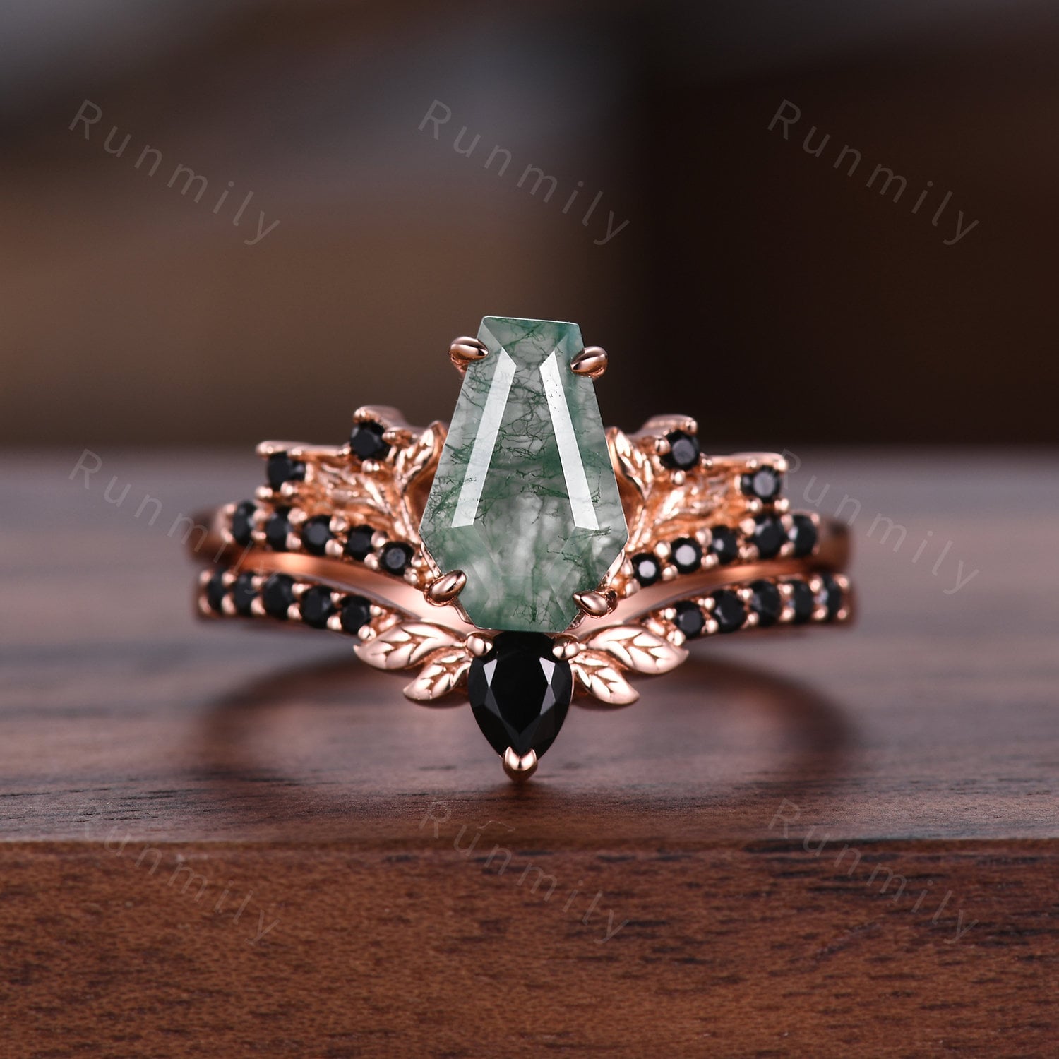 Coffin Cut Natural Moss Agate Couples Ring Rose Gold Moss Agate and Emerald Wedding Ring Set Vintage Unique Vine Leaf Matching Promise Ring