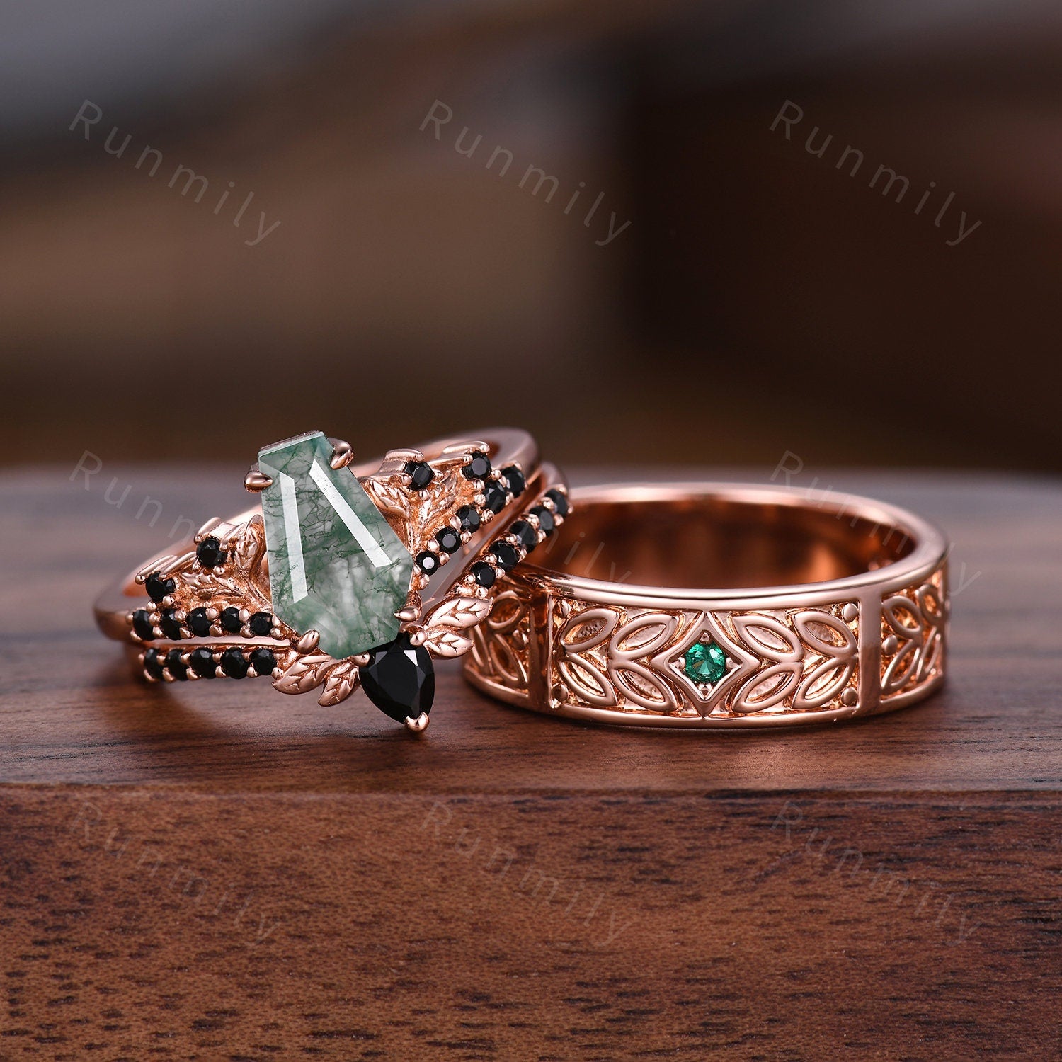 Coffin Cut Natural Moss Agate Couples Ring Rose Gold Moss Agate and Emerald Wedding Ring Set Vintage Unique Vine Leaf Matching Promise Ring