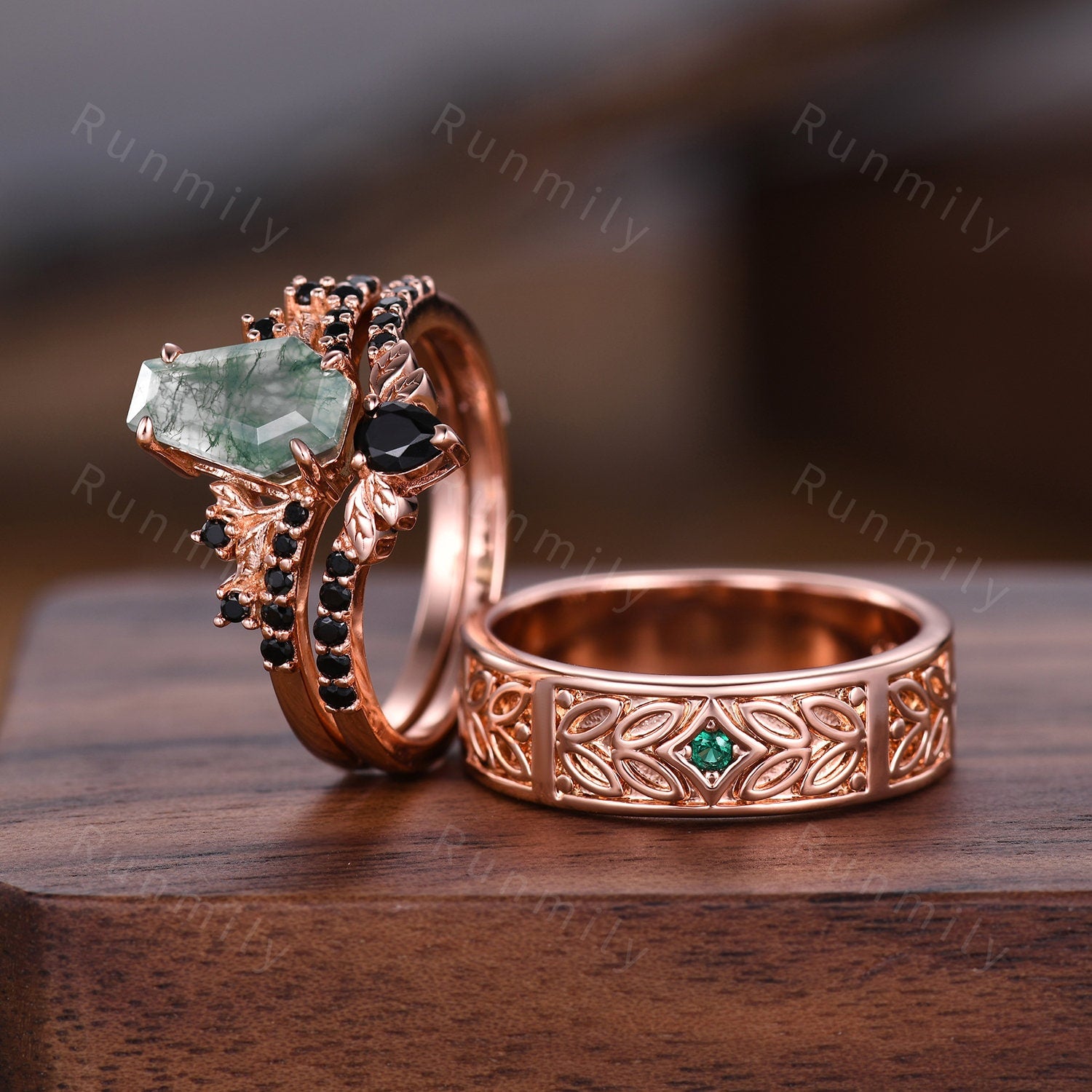 Coffin Cut Natural Moss Agate Couples Ring Rose Gold Moss Agate and Emerald Wedding Ring Set Vintage Unique Vine Leaf Matching Promise Ring