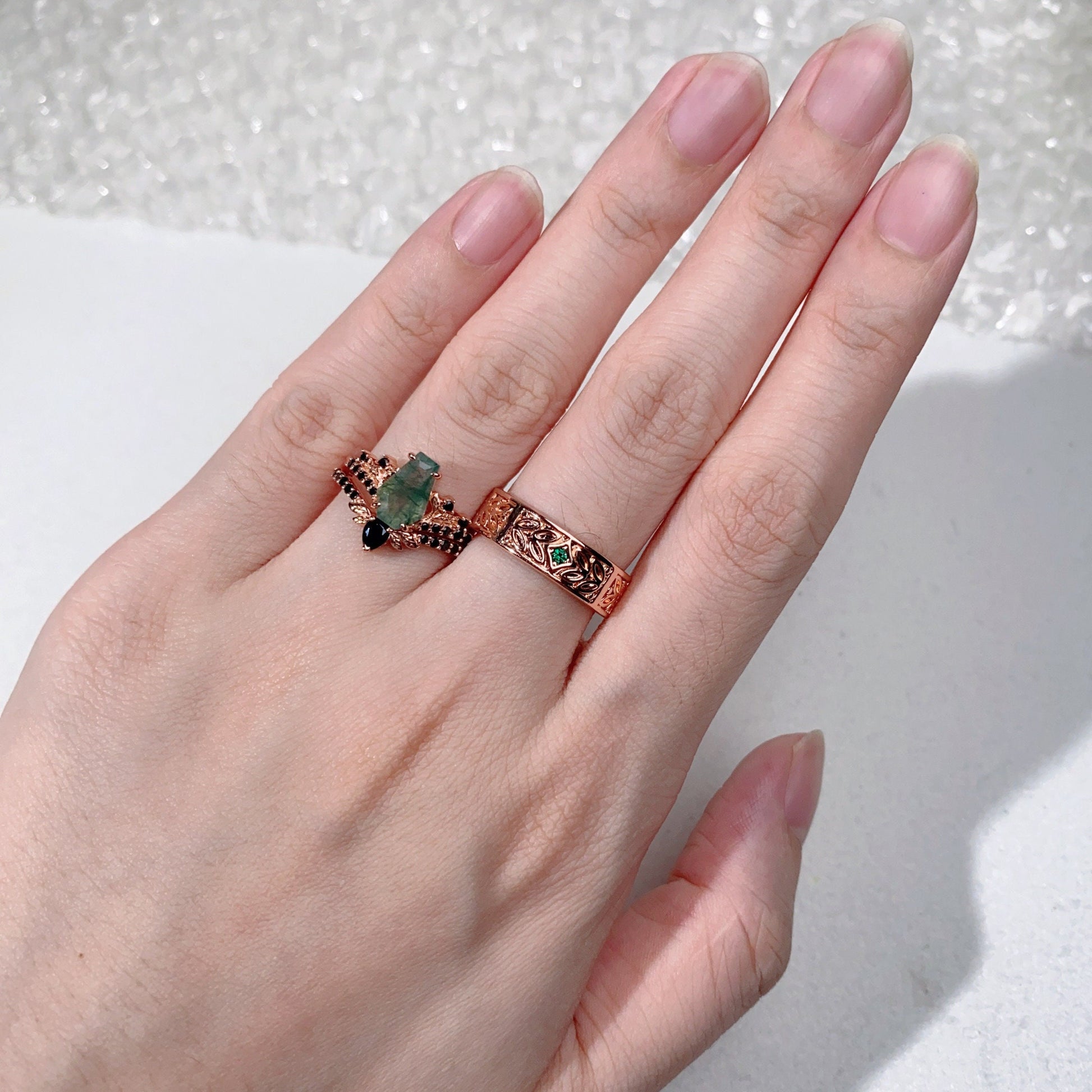 Coffin Cut Natural Moss Agate Couples Ring Rose Gold Moss Agate and Emerald Wedding Ring Set Vintage Unique Vine Leaf Matching Promise Ring