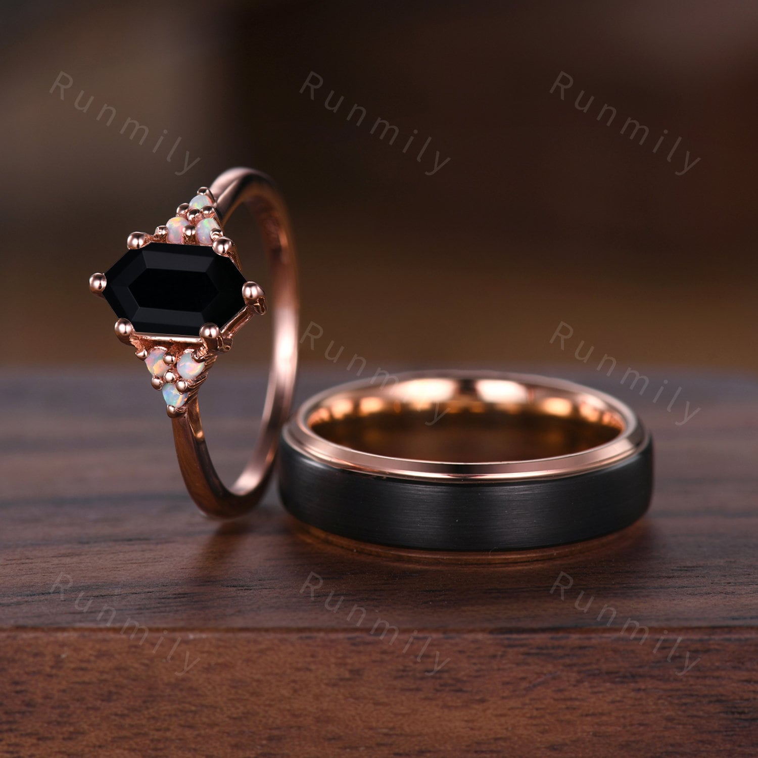Vintage Hexagon Black Onyx Couples Ring Rose Gold Wedding Ring Set His and Hers Wedding Band Mens Black Gold Ring Unique Opal Cluster Ring
