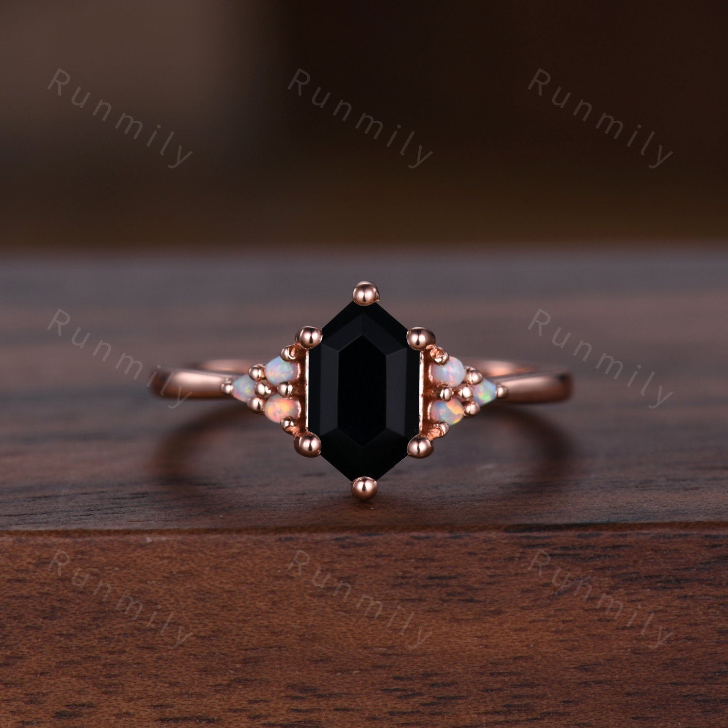 Vintage Hexagon Black Onyx Couples Ring Rose Gold Wedding Ring Set His and Hers Wedding Band Mens Black Gold Ring Unique Opal Cluster Ring