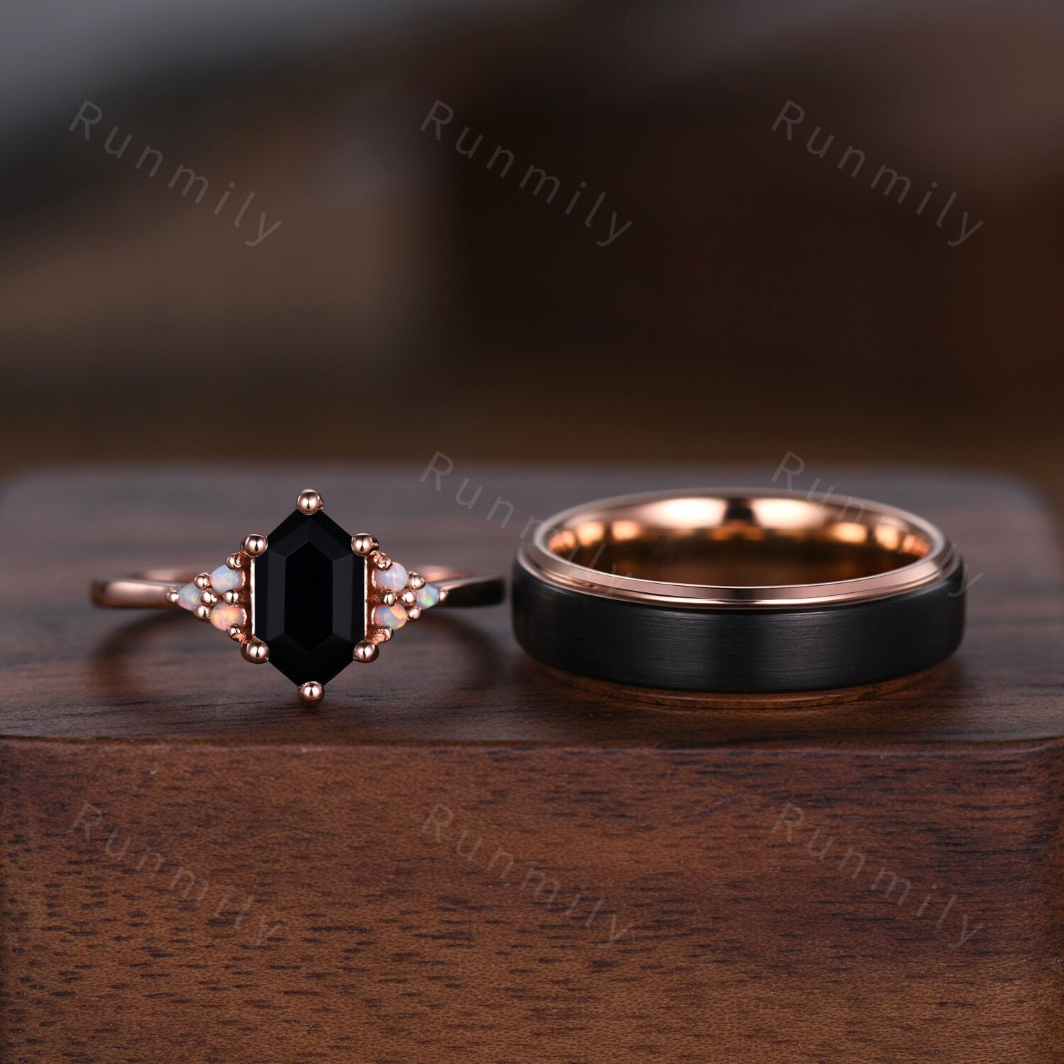 Vintage Hexagon Black Onyx Couples Ring Rose Gold Wedding Ring Set His and Hers Wedding Band Mens Black Gold Ring Unique Opal Cluster Ring