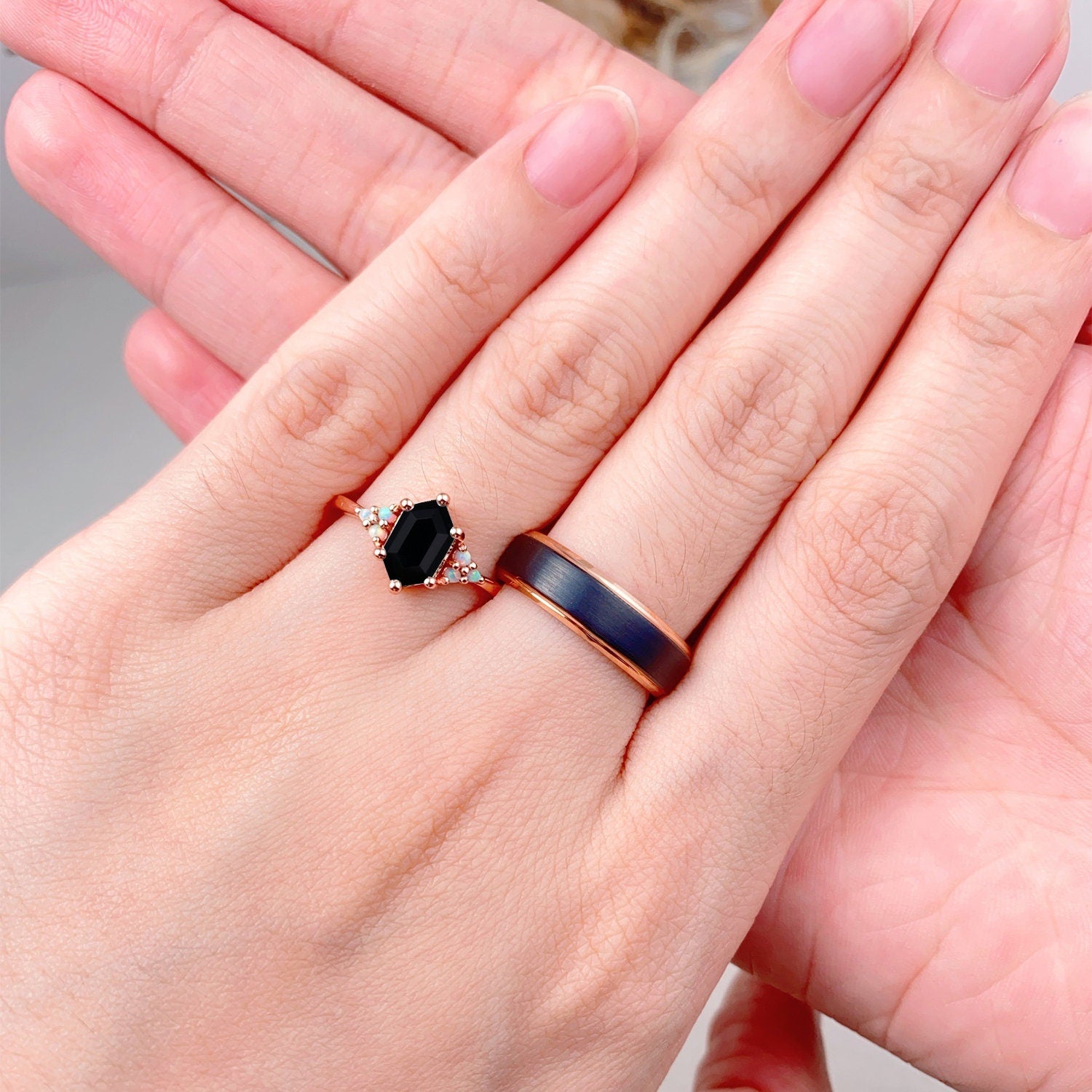 Vintage Hexagon Black Onyx Couples Ring Rose Gold Wedding Ring Set His and Hers Wedding Band Mens Black Gold Ring Unique Opal Cluster Ring
