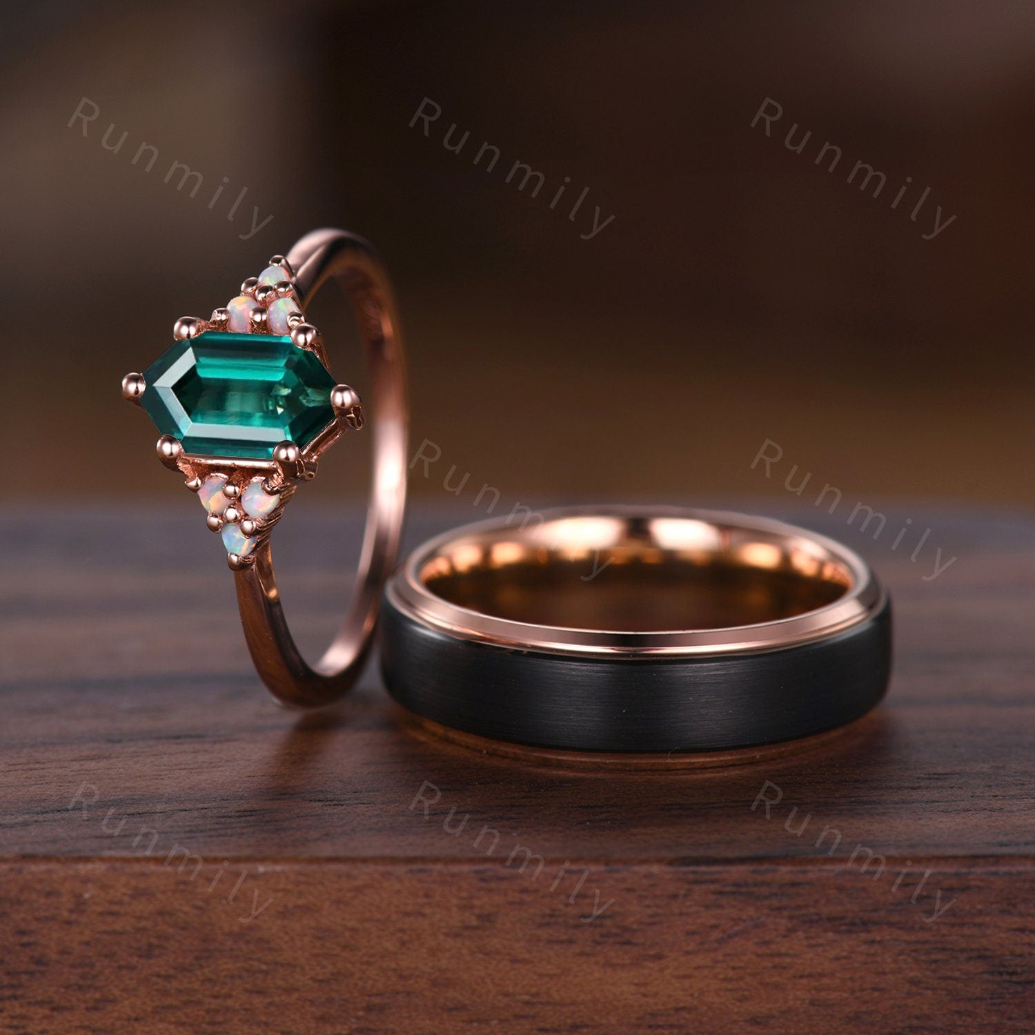 Vintage Hexagon Green Emerald Couples Ring Rose Gold Wedding Ring Set His And Hers Wedding Band Unique Opal Emerald Ring 6mm Mens Ring