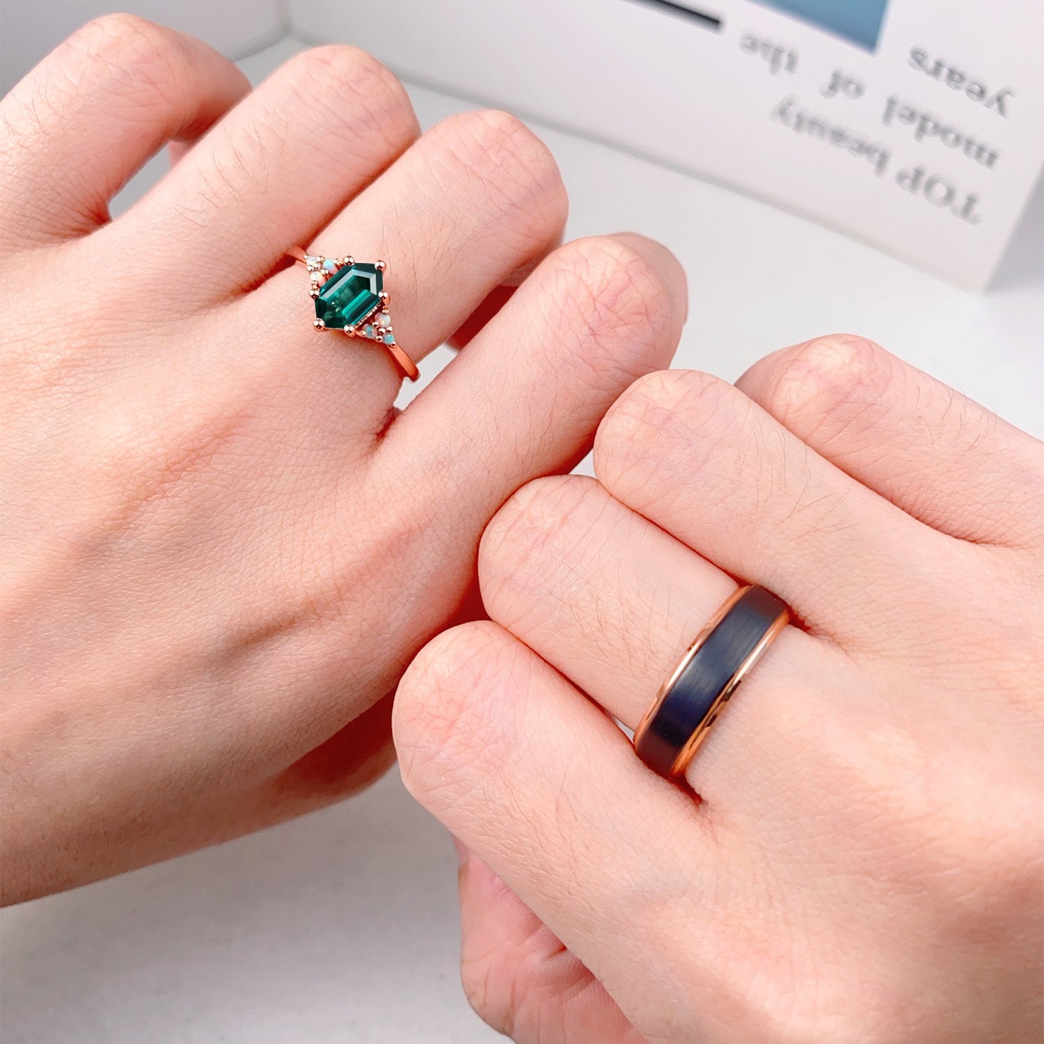 Vintage Hexagon Green Emerald Couples Ring Rose Gold Wedding Ring Set His And Hers Wedding Band Unique Opal Emerald Ring 6mm Mens Ring