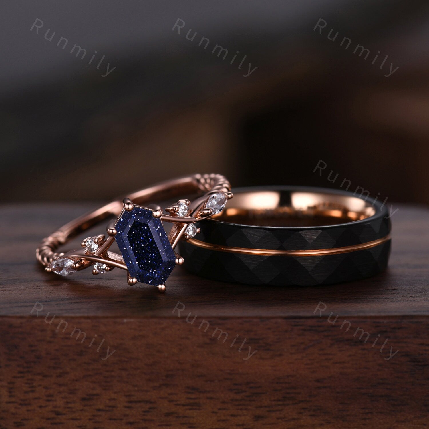 Vintage Blue Sandstone Couples Ring Rose Gold Matching Ring Set His and Hers Wedding Band Promise Ring For Men For Women Galaxy Sandstone