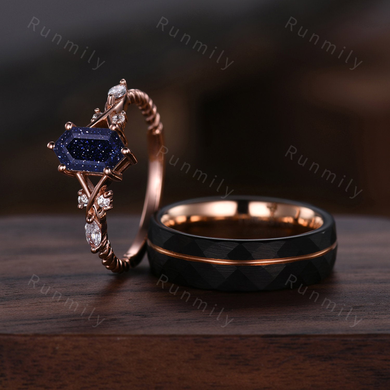 Vintage Blue Sandstone Couples Ring Rose Gold Matching Ring Set His and Hers Wedding Band Promise Ring For Men For Women Galaxy Sandstone