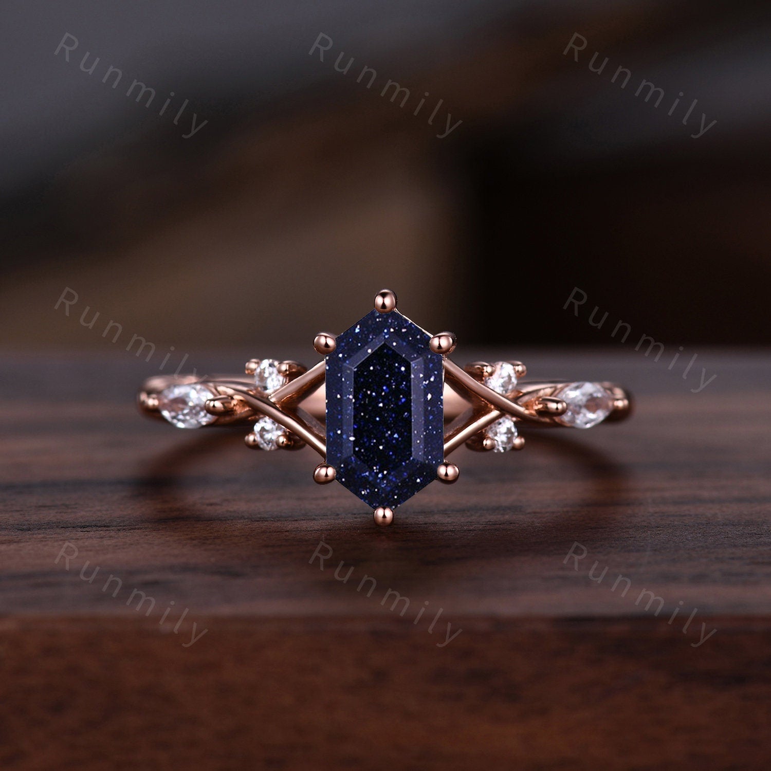 Vintage Blue Sandstone Couples Ring Rose Gold Matching Ring Set His and Hers Wedding Band Promise Ring For Men For Women Galaxy Sandstone
