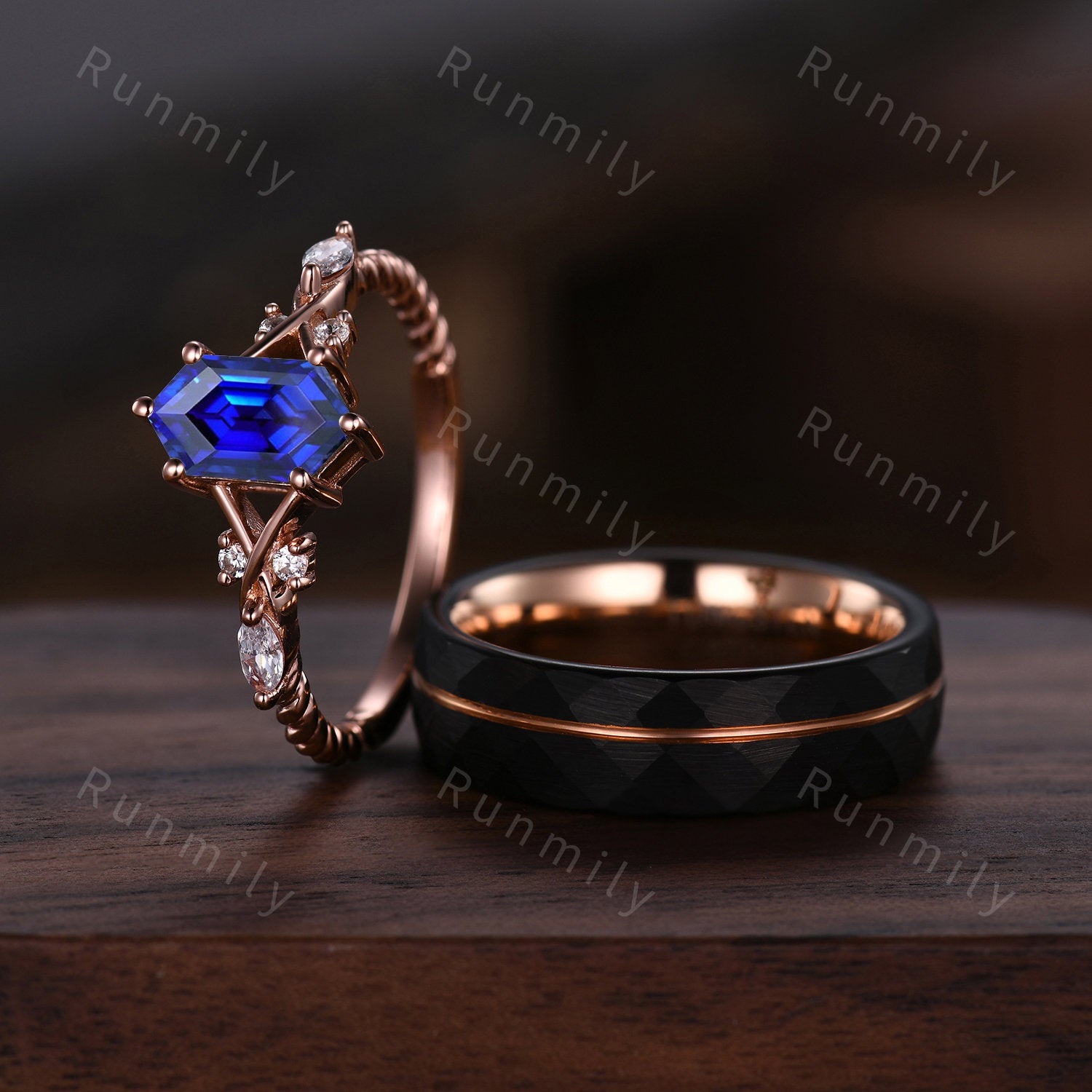 Vintage Blue Sapphire Couples Ring Rose Gold Matching Ring Set His and Hers Wedding Band Promise Ring For Men For Women September Birthstone