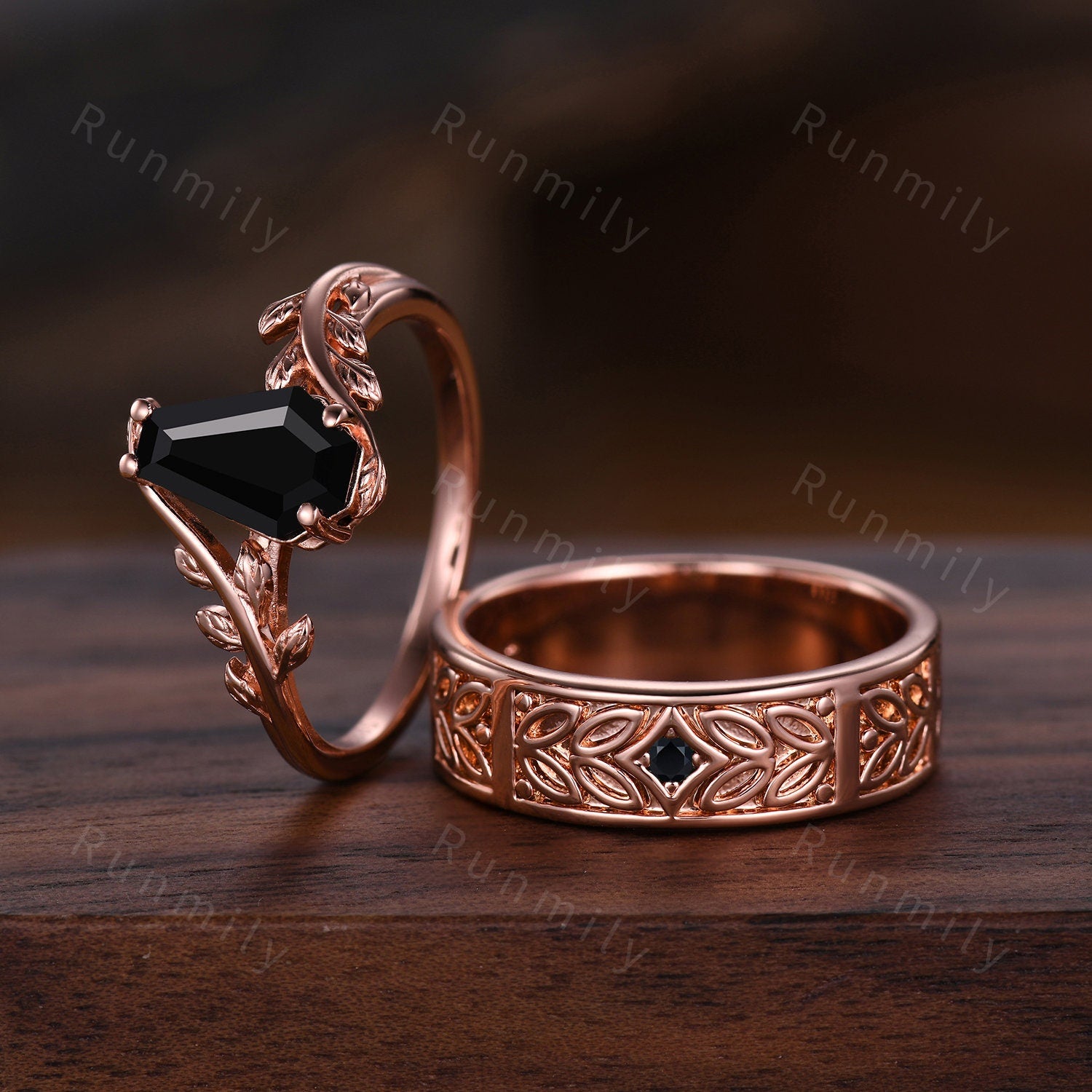 Coffin Cut Black Onyx Couples Ring Vintage Rose Gold Matching Ring Set Twig Leaf His and Hers Wedding Band Mens Onyx Ring Black Gem Ring