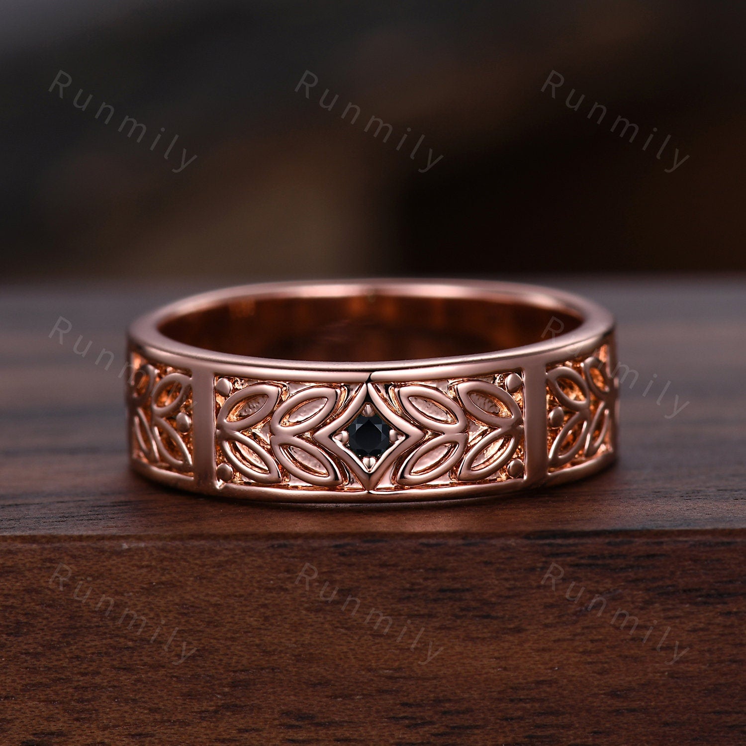 Coffin Cut Black Onyx Couples Ring Vintage Rose Gold Matching Ring Set Twig Leaf His and Hers Wedding Band Mens Onyx Ring Black Gem Ring
