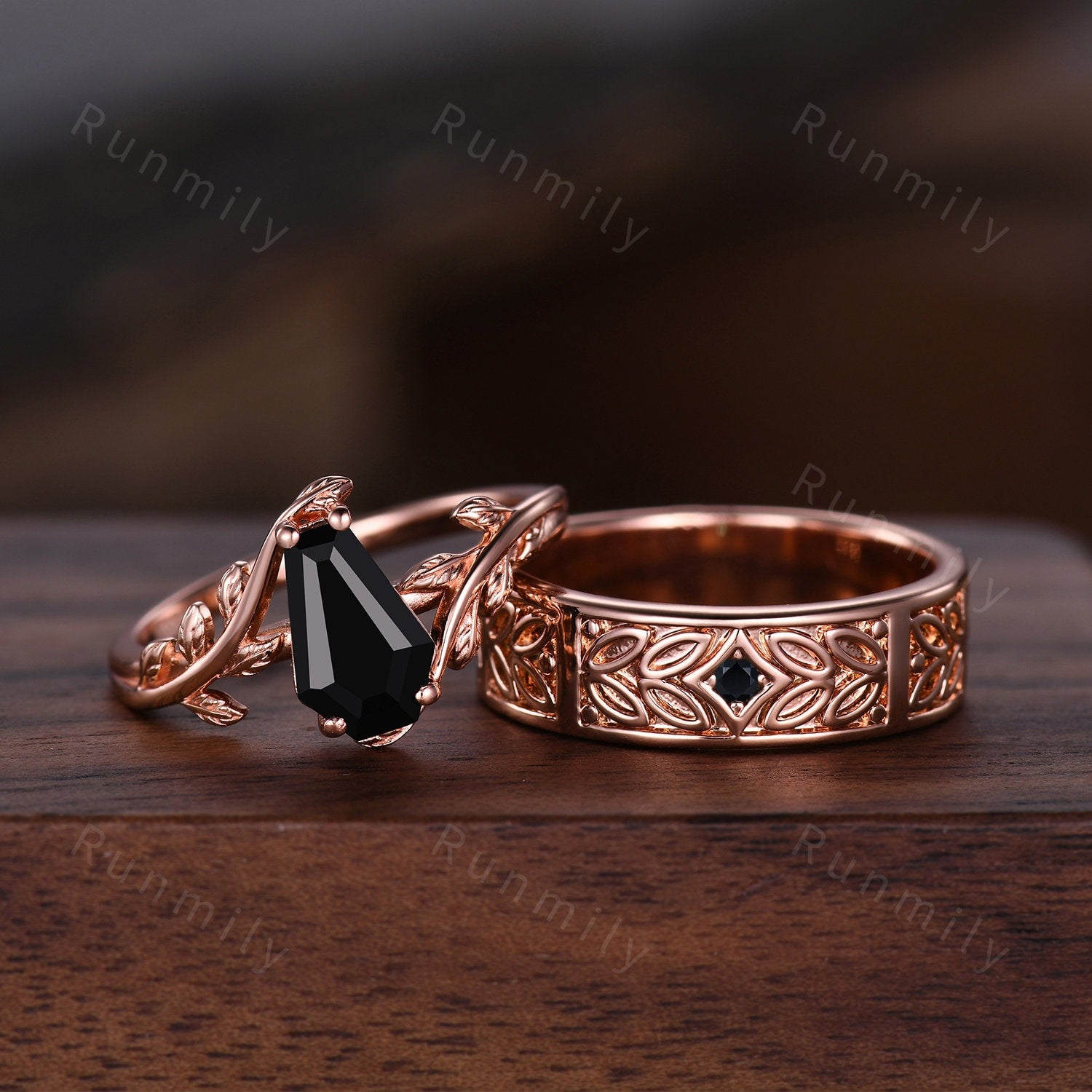 Coffin Cut Black Onyx Couples Ring Vintage Rose Gold Matching Ring Set Twig Leaf His and Hers Wedding Band Mens Onyx Ring Black Gem Ring