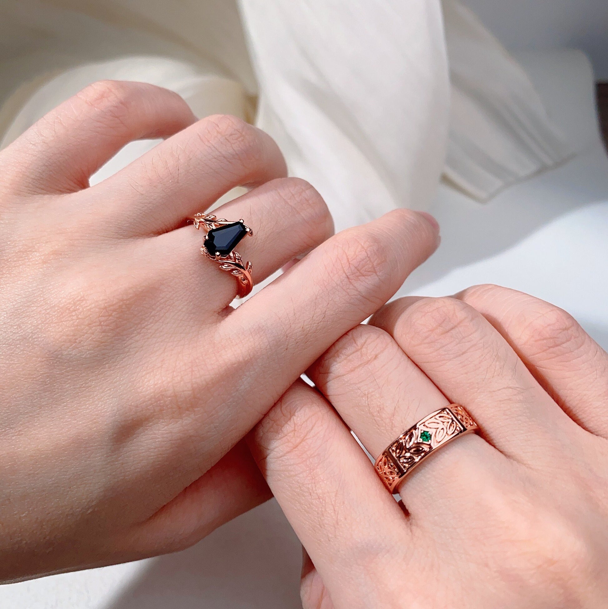 Coffin Cut Black Onyx Couples Ring Vintage Rose Gold Matching Ring Set Twig Leaf His and Hers Wedding Band Mens Onyx Ring Black Gem Ring