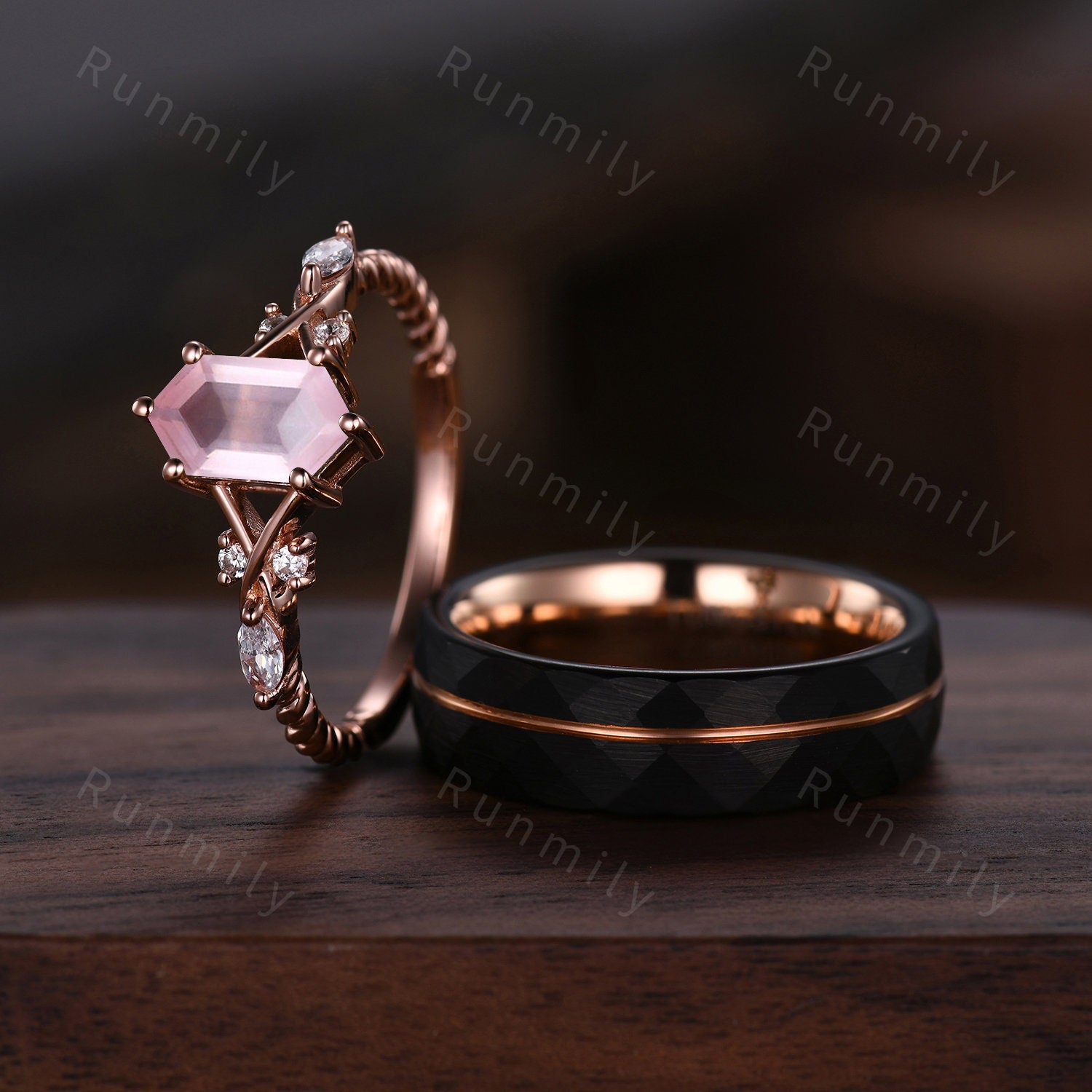 Vintage Rose Quartz Couples Ring Rose Gold Matching Ring Set His and Hers Wedding Band Promise Ring For Men For Women Natural Pink Gemstone