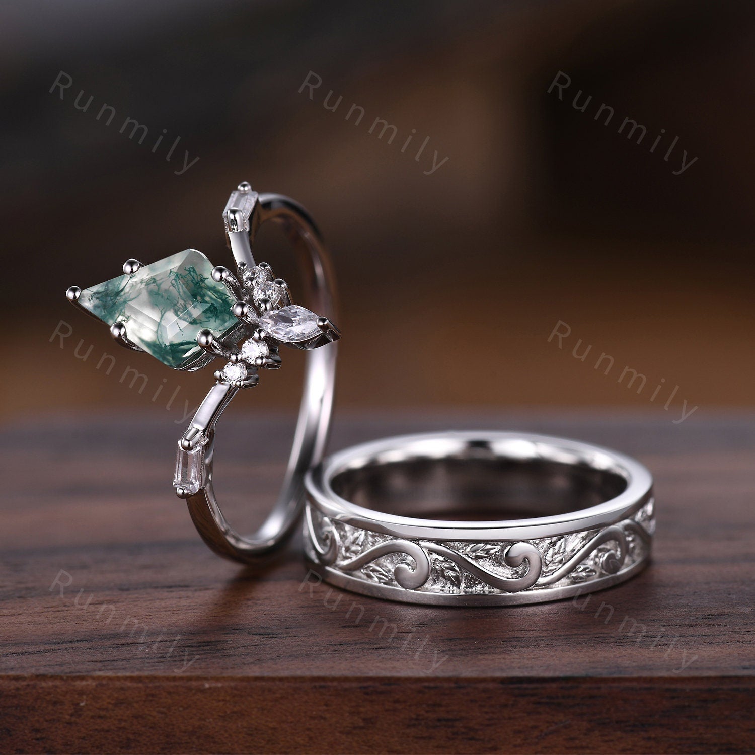 Kite cut moss agate couples ring sterling silver unique art deco wedding ring set twig leaf Mens wedding band Natural agate ring for Women