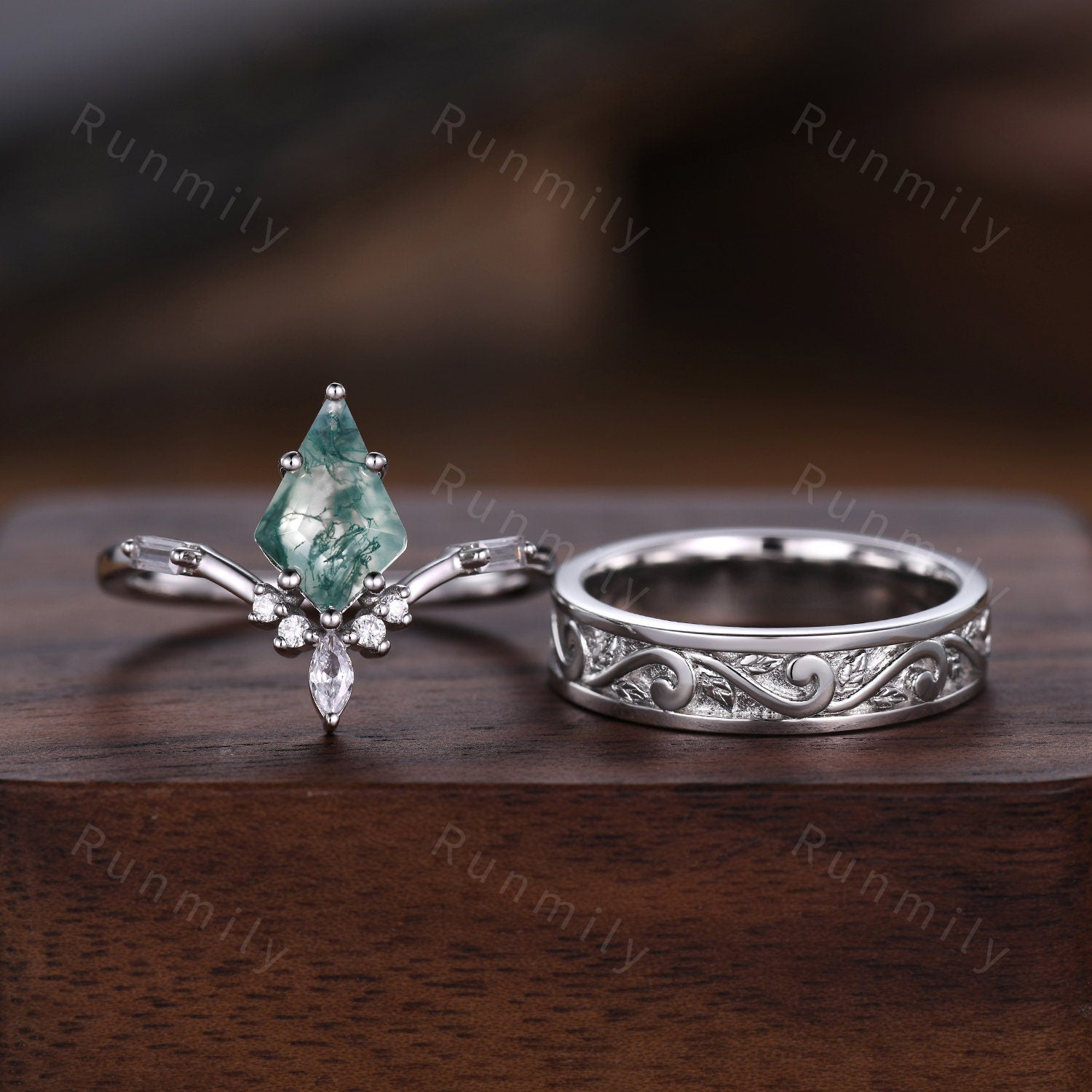 Kite cut moss agate couples ring sterling silver unique art deco wedding ring set twig leaf Mens wedding band Natural agate ring for Women