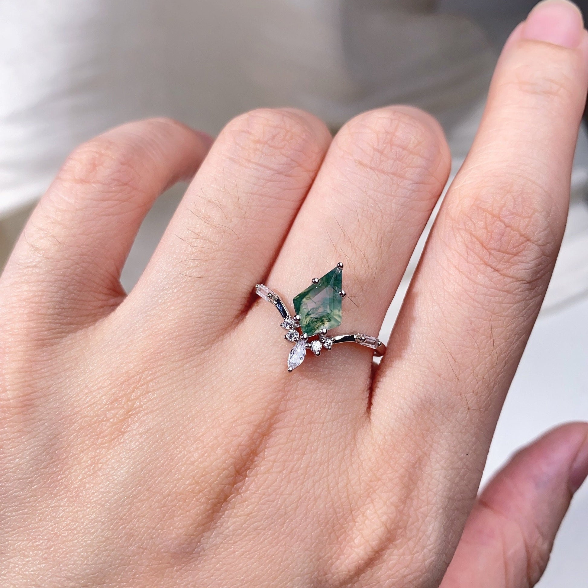 Kite cut moss agate couples ring sterling silver unique art deco wedding ring set twig leaf Mens wedding band Natural agate ring for Women