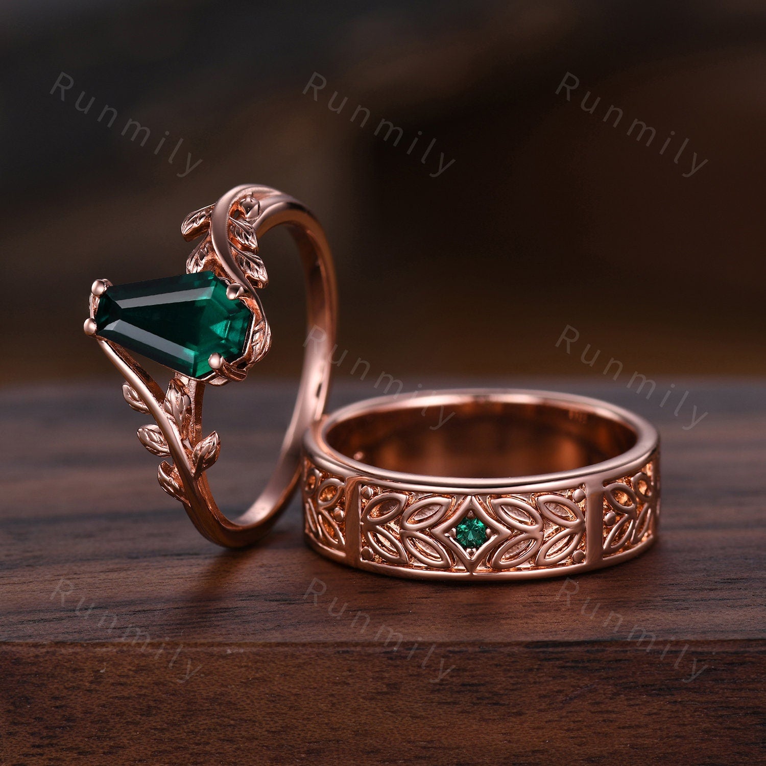 Vintage Coffin Cut Emerald Couples Ring Unique Rose Gold Matching Ring Set His And Her Wedding Ring Art Deco Branch Leaf Ring Green Gemstone