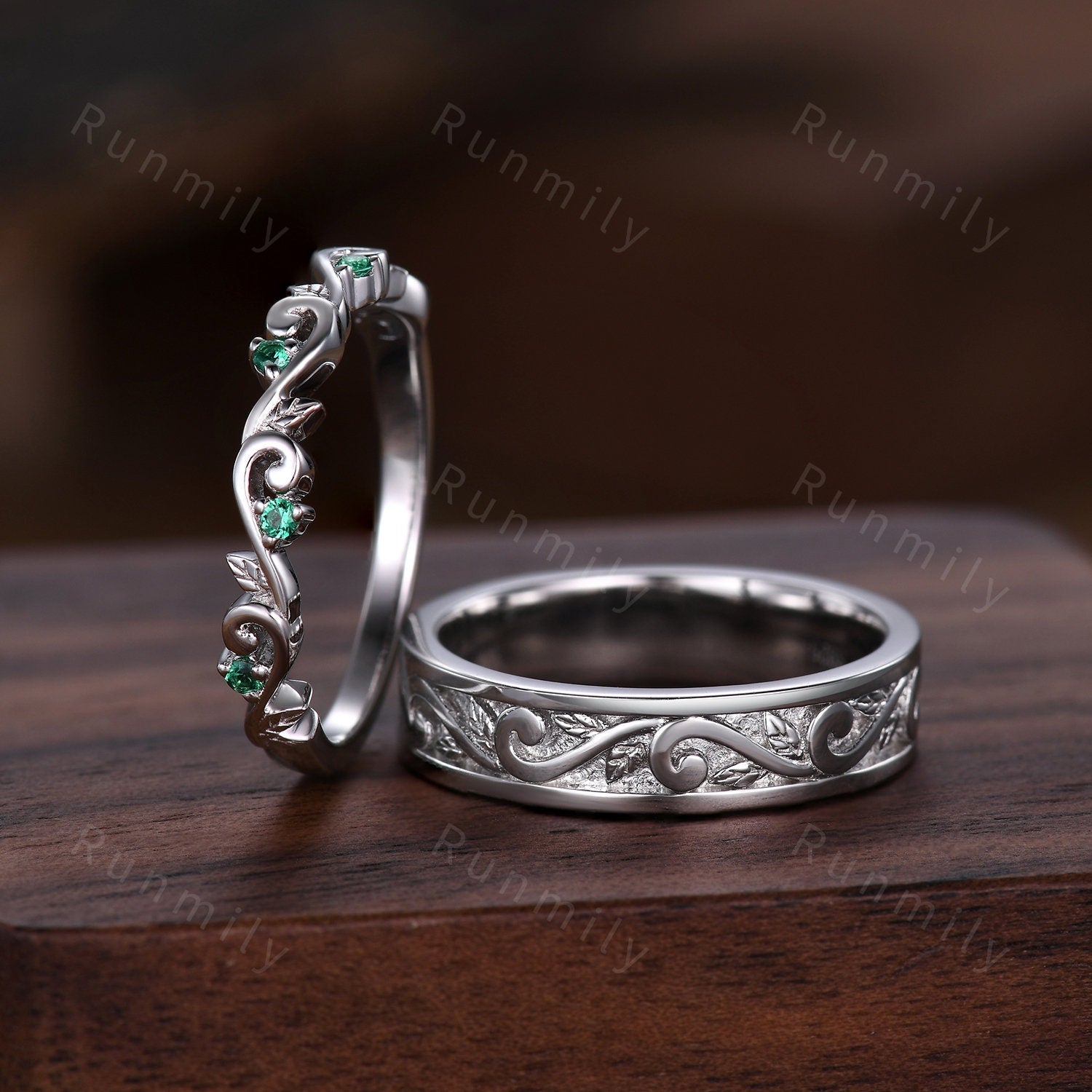 2pcs Couple Rings Set Inspired Leaf Emerald Engagement Rings For Women Vintage Leaf Wedding Band For Men Unique Wedding Anniversary Ring Set
