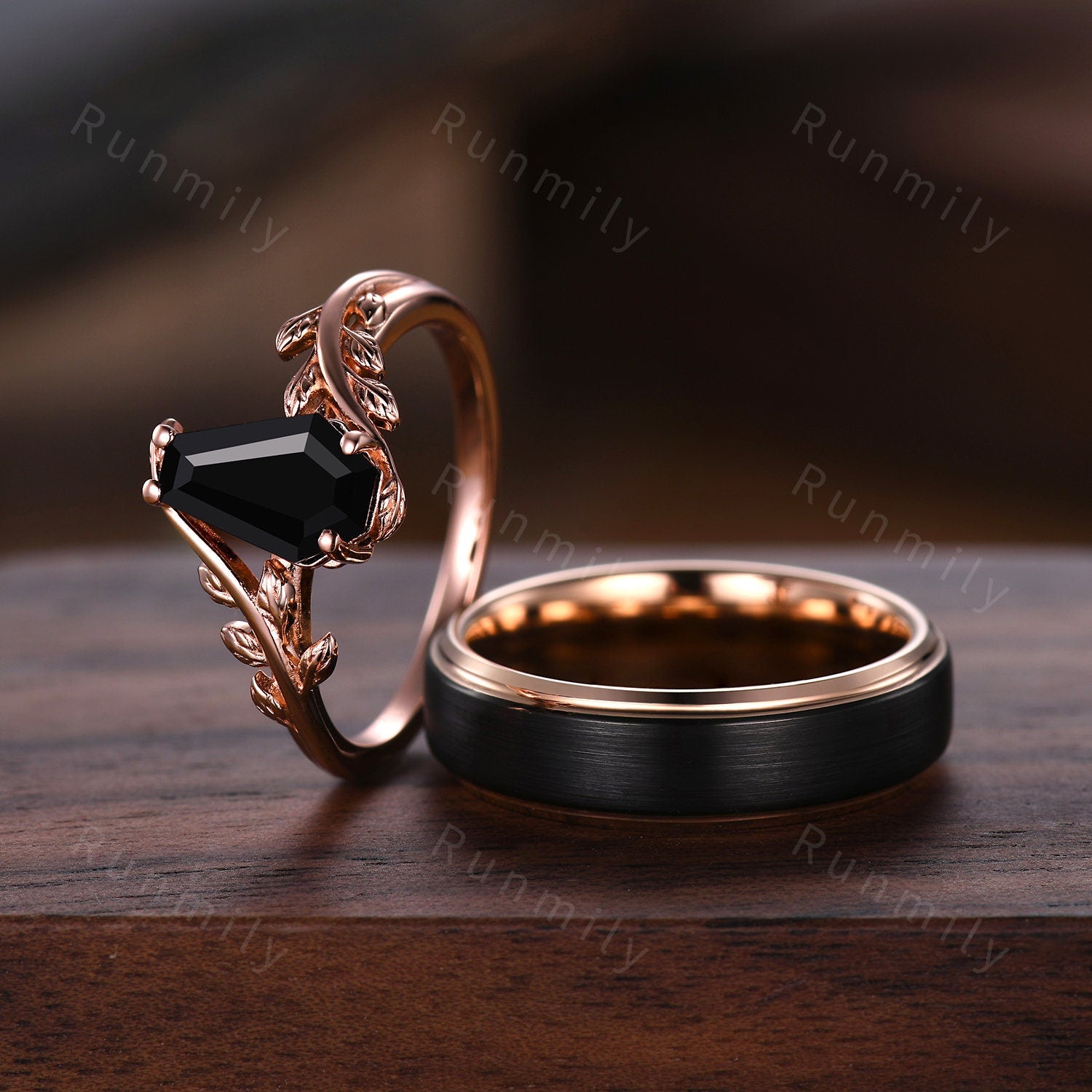 Coffin cut Black Onyx Couples Ring Rose Gold Wedding Ring Set His and Hers Wedding Band Mens Black Gold Ring Women Nature Inspired Ring
